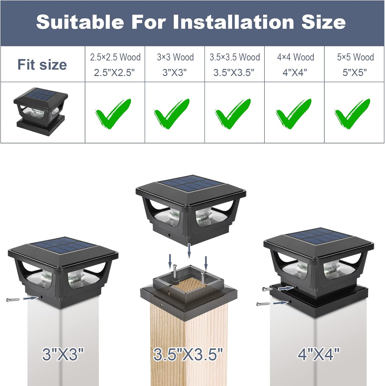 Solar Post Lights,Fence Post Lights IP65 Waterproof Fence Lights Outdoor Garden,Cap for 3X3 3.5&times;3.5 4X4 Inch Patio Fence Post Deck Wooden Posts-4 Pack image number 5