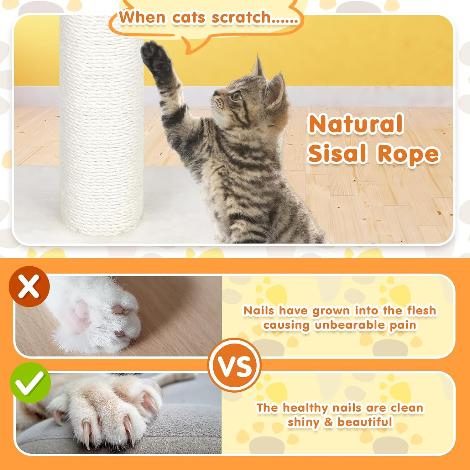 Advwin 33" Cat Scratching Post, Premium Sisal Rope Cat Scratcher for Indoor Cats, Cat Claw Scratching Post with Hanging Balls, Stable Heavy Base - Beige - 145Cm image number 3