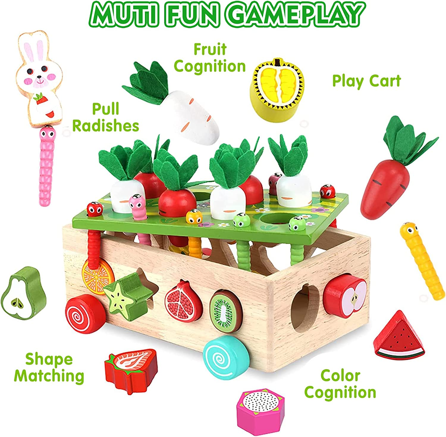 Montessori Toys for Toddler 1-3, Baby Wooden Educational Toy for 1 2 Year Old Boy Girl Gift, Farm Theme with Rabbit, 12 Fruit Blocks, 8 Carrots, 10 Worms & Shape Matching Sorting Car image number 1