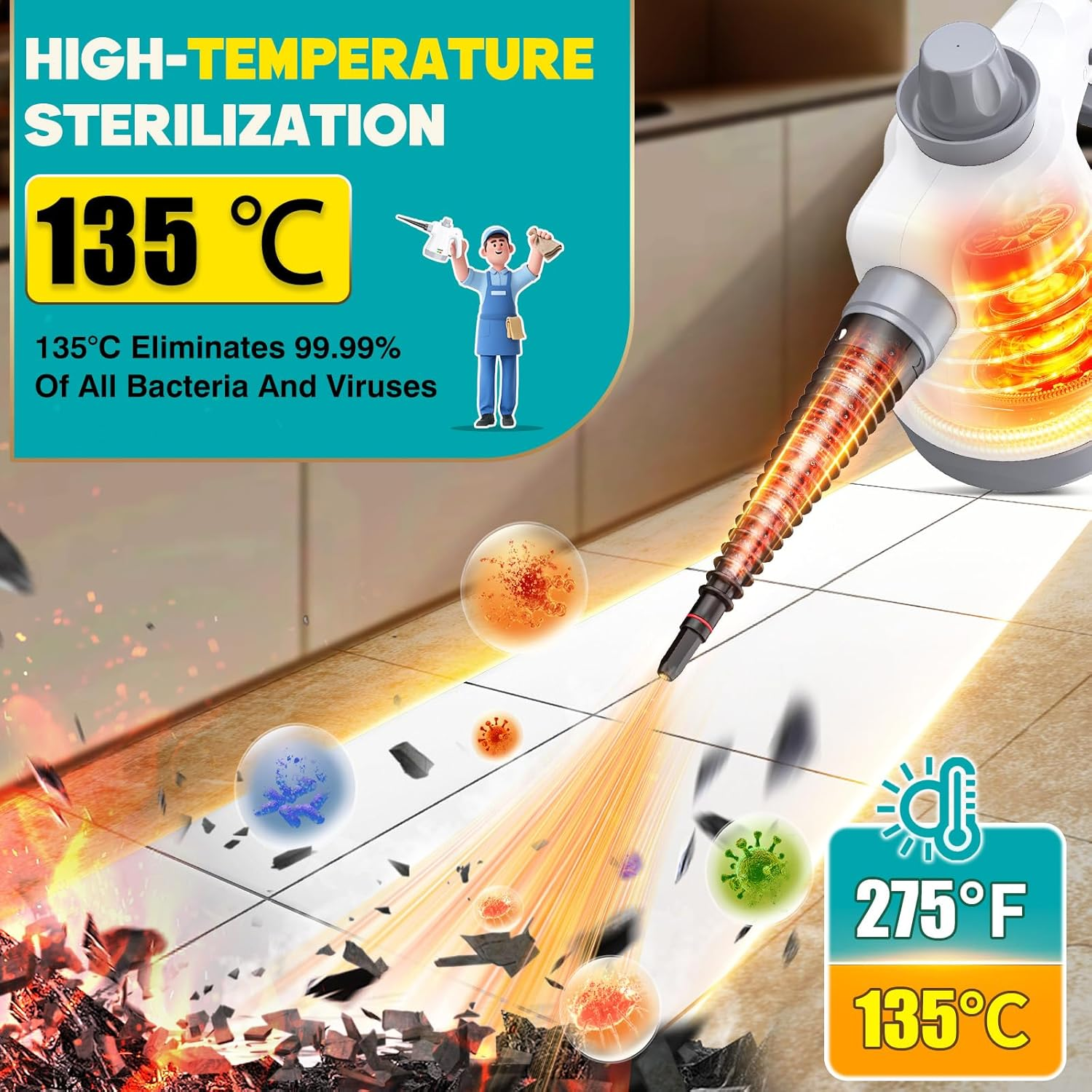 Portable Steam Cleaner, Multifunction Steam Gun for Home Use, Pressurized with 12 Accessories and Safety Lock, for Cleaning Kitchen, Bathroom, Grouts, Windows, Grease image number 2