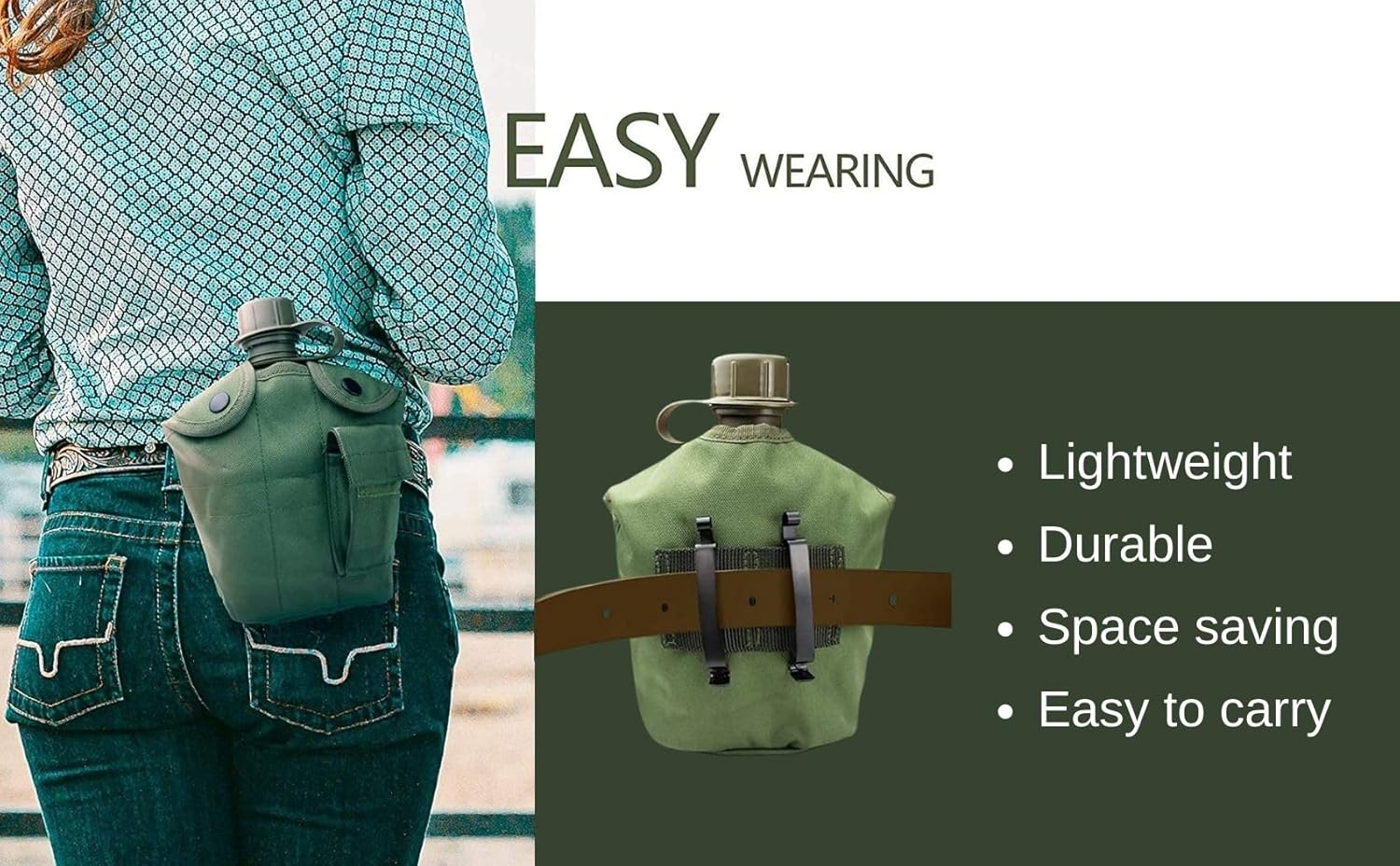 Begrit Military Canteen Army Canteen WWII Canteen Kit with Aluminum Cup Stainless Steel Foldable Spoon Fork for Hiking Backpacking Camping, 1 Quart image number 6