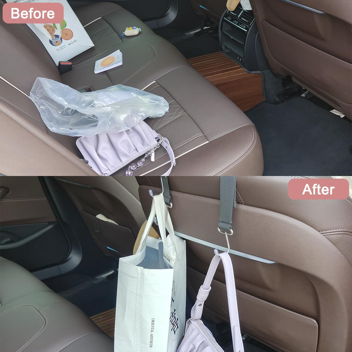 Maxin 4 PCS Car Purse Hook/Holder,Contains 2 Torches and 2 Triangular Hooks, Car Seat Headrest Hooks for Purses and Bags, Adjustable Hidden Metal Hooks for Car Handbag. image number 1