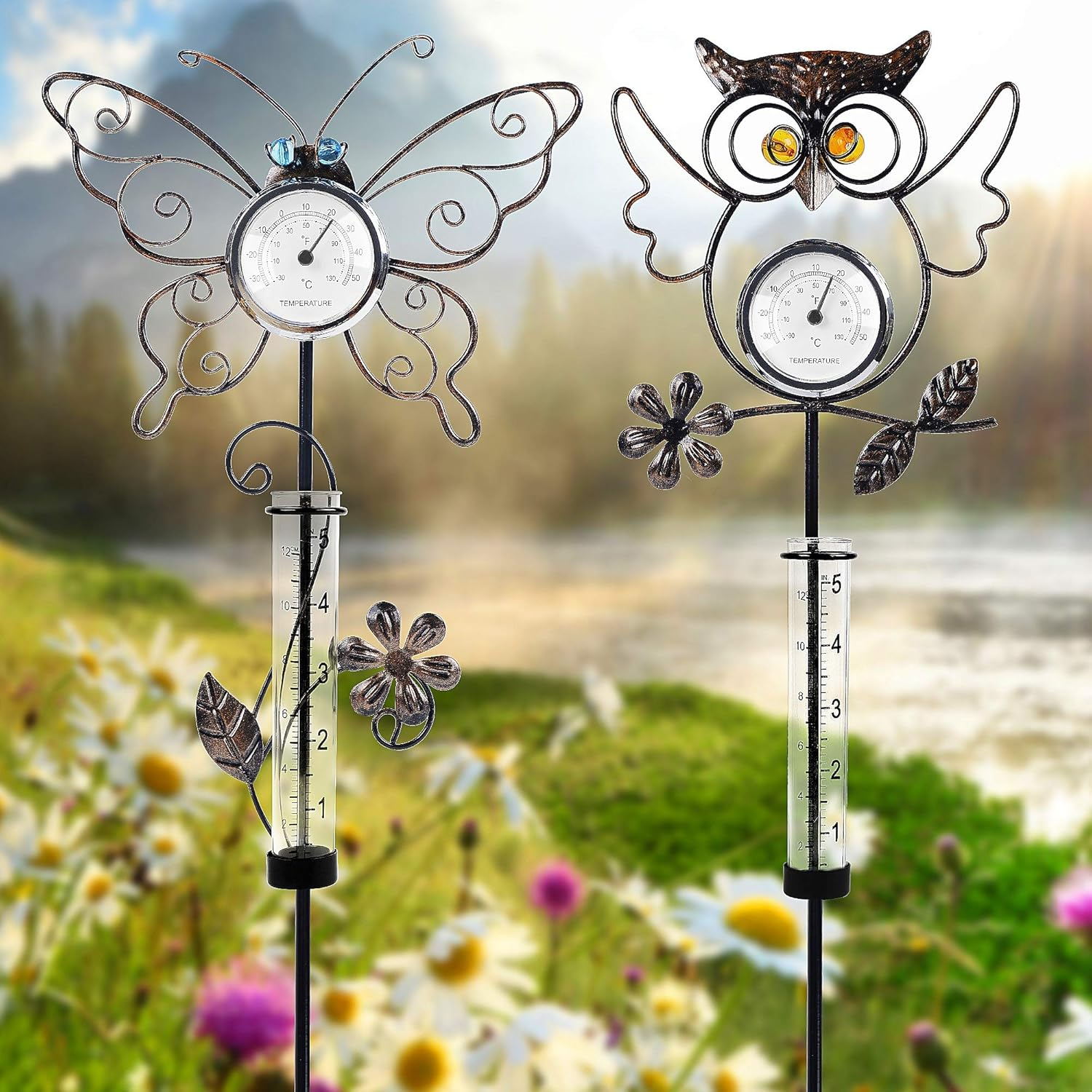 Juegoal 31.5 Inch Rain Gauge with Thermometer, Butterfly & Owl Garden Stakes Decor, Waterproof Rustproof Metal Yard Art Outdoor Lawn Pathway Patio Decorations, Set of 2 image number 4