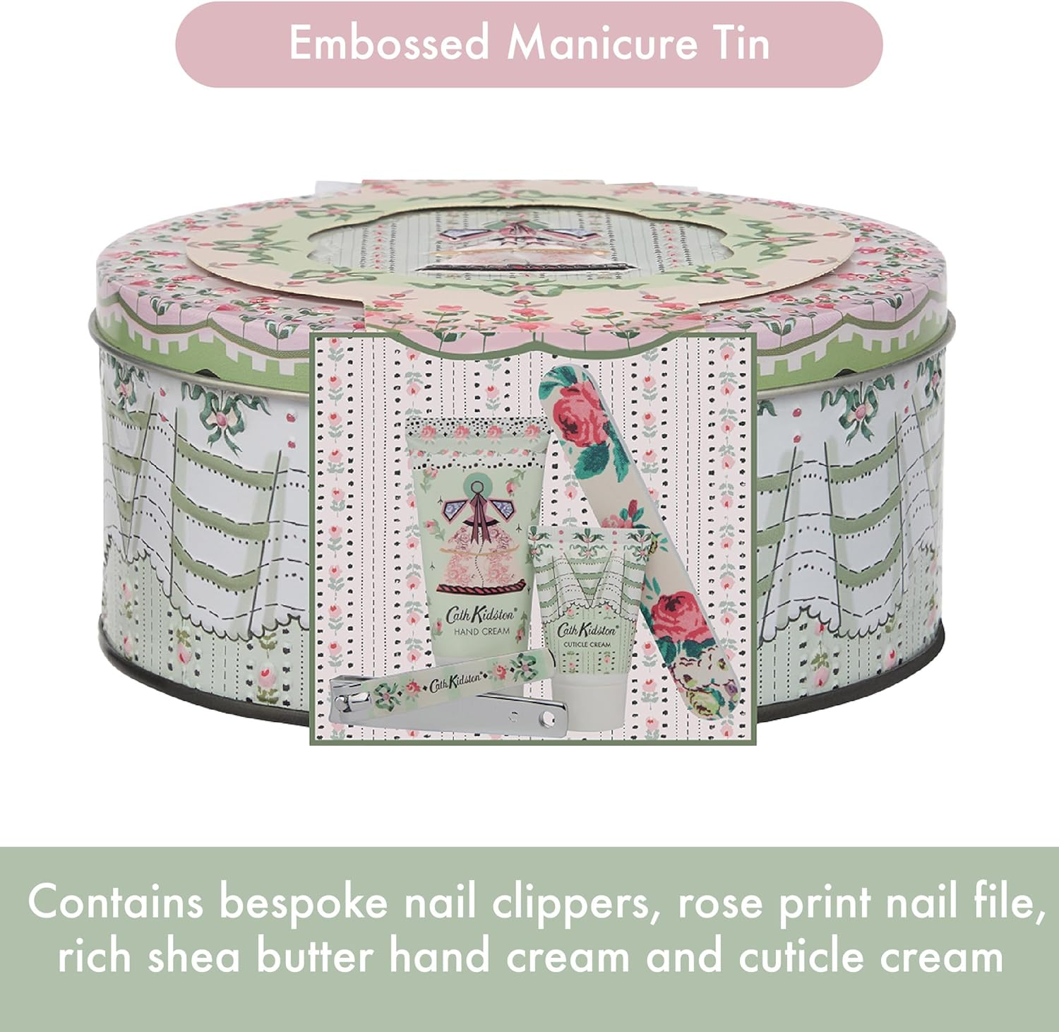 Cath Kidston Manicure Set with Hand Cream 30Ml, Cuticle Cream 15Ml, Emery Board and Nail Clippers in Tin, Travel Size Hand Care Essentials, Beauty Gift for Her, Cruelty Free and Vegan Friendly image number 4