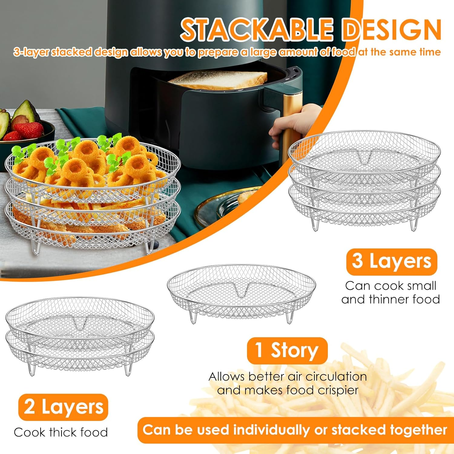 3 Layer Air Fryer Accessories Rack round Stainless Steel Air Fryer Dehydrator Rack Stackable Multifunctional Air Fryer Basket with 8 Silicone Feet 1 Anti-Scald Clip for 4.2-5.8 QT Air Fryer Baking image number 1