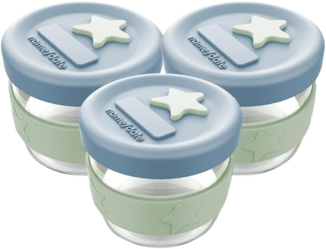 Cherub Baby Durable Non-Toxic BPA Free, Leak-Proof, Microwave, Oven, Freezer Safe Silicone & Glass Baby Food Storage Container Jar with Airtight Lid Pack of 3 120Ml - Cerulean/Sage image number 2
