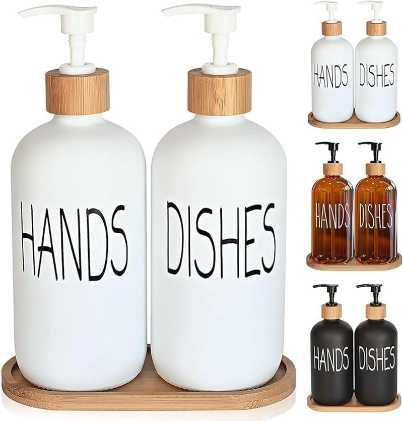 Black Glass Hand Soap and Dish Soap Dispenser Set with Bamboo Lid & Tray, Kitchen Set Suitable for Black and White Kitchen Decor (Black &Tray)