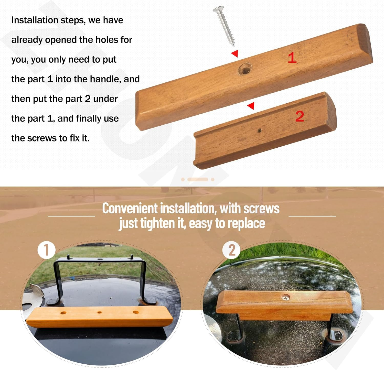 2 Pack Cherry Wood Replacement Handle Compatible with We-Ber Charcoal Grill, Fits 22.5" and 18.5" One Touch Grills and Many Similar Grills and Smokers image number 4