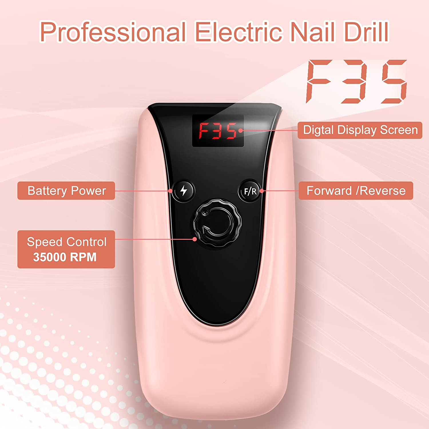 Madenia Professional Rechargeable 35000 Rpm Nail Drill Machine, Portable Electric Nail File E File for Acrylic Gel Nails, Manicure Pedicure Polishing Tools with Display Screen, Pink image number 5