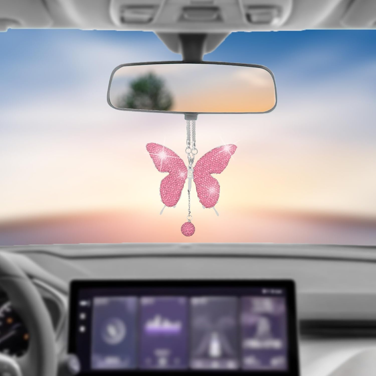 NOTISH Bling Butterfly Diamond Car Accessories, Crystal Car Rear View Mirror Charms, Charms Good Luck Gifts Amulet Ornament Hanging Interio Car Decoration for Women Interior(White)