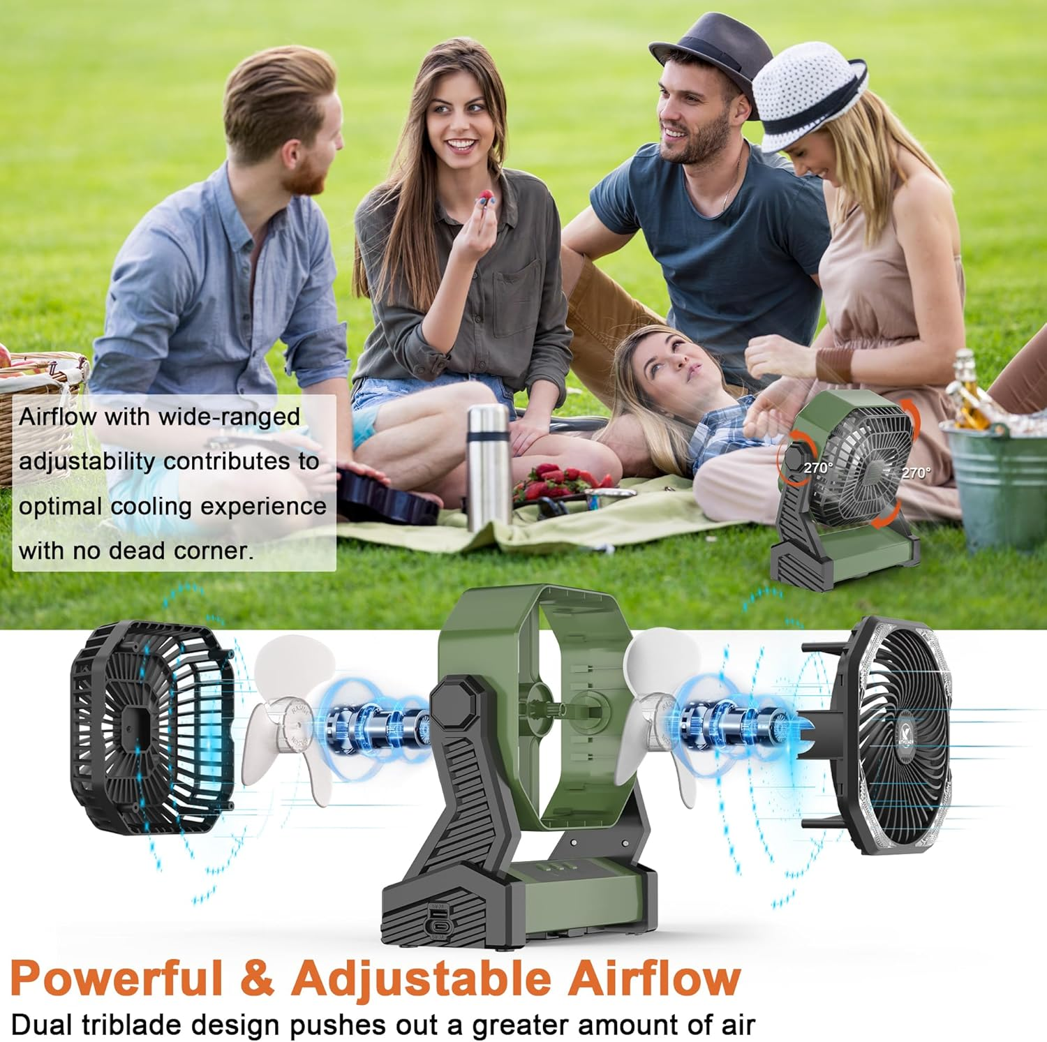 Camping Fan with LED Lantern, 20000Mah Rechargeable Battery Operated Outdoor Tent Fan with Light & Hook, 270&deg; Pivot, 4 Speeds, USB Desk Fan for Camping, Fishing, Power Outage, Hurricane, Jobsite&hellip; image number 2