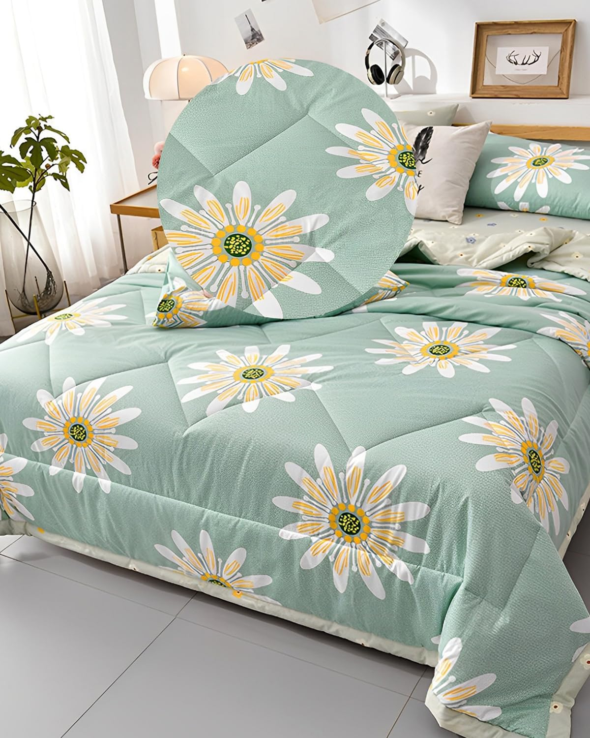 Chickwin Quilted Bedspread for Double Size, 200X230Cm Green Daisy Floral Printed Pattern Bedding Coverlets Lightweight Summer Bed Throws Comforter Soft Luxury Sofa Blanket for All Season