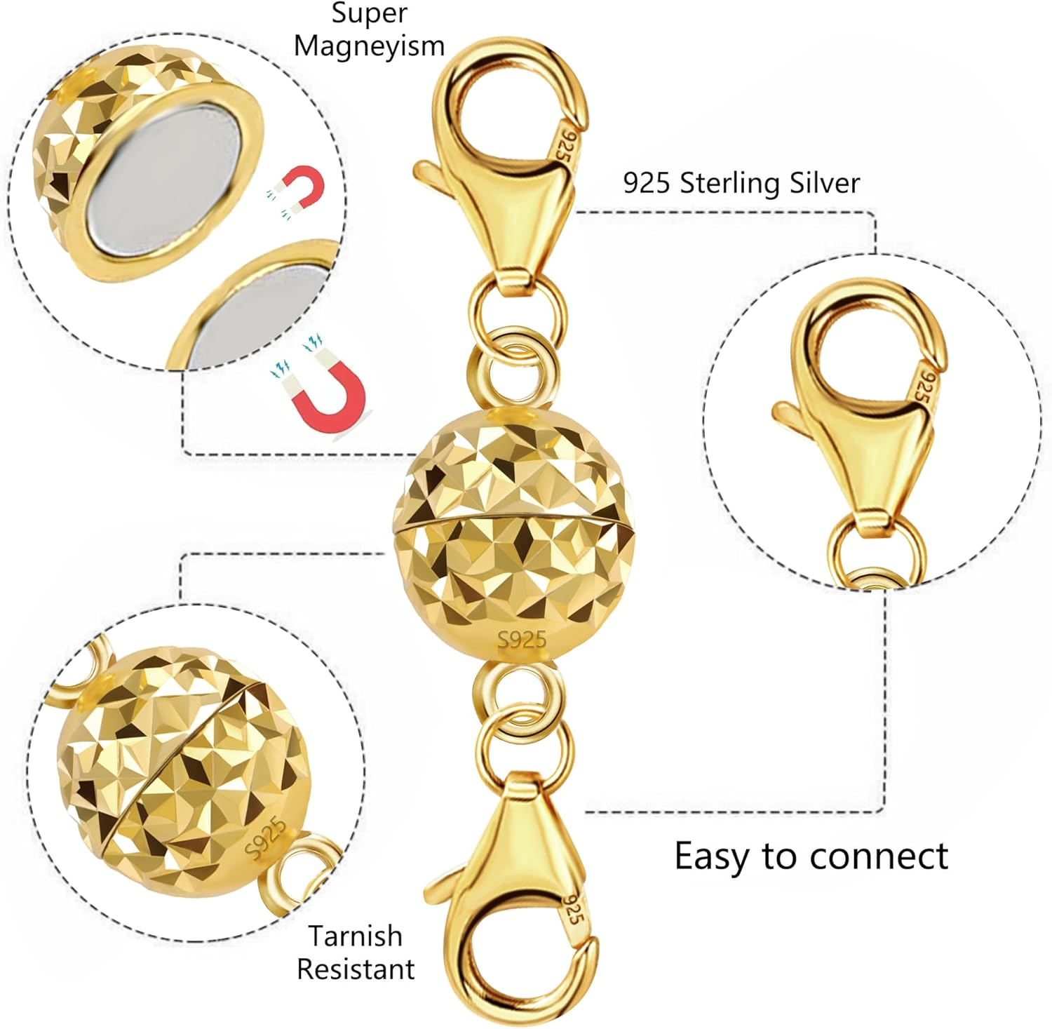 ALEXCRAFT 14K Gold Disco Ball Magnetic Necklace Clasps and Closures 925 Sterling Silver Double Lobster Clasp Magnetic Jewelry Clasps for Necklaces Bracelet image number 5