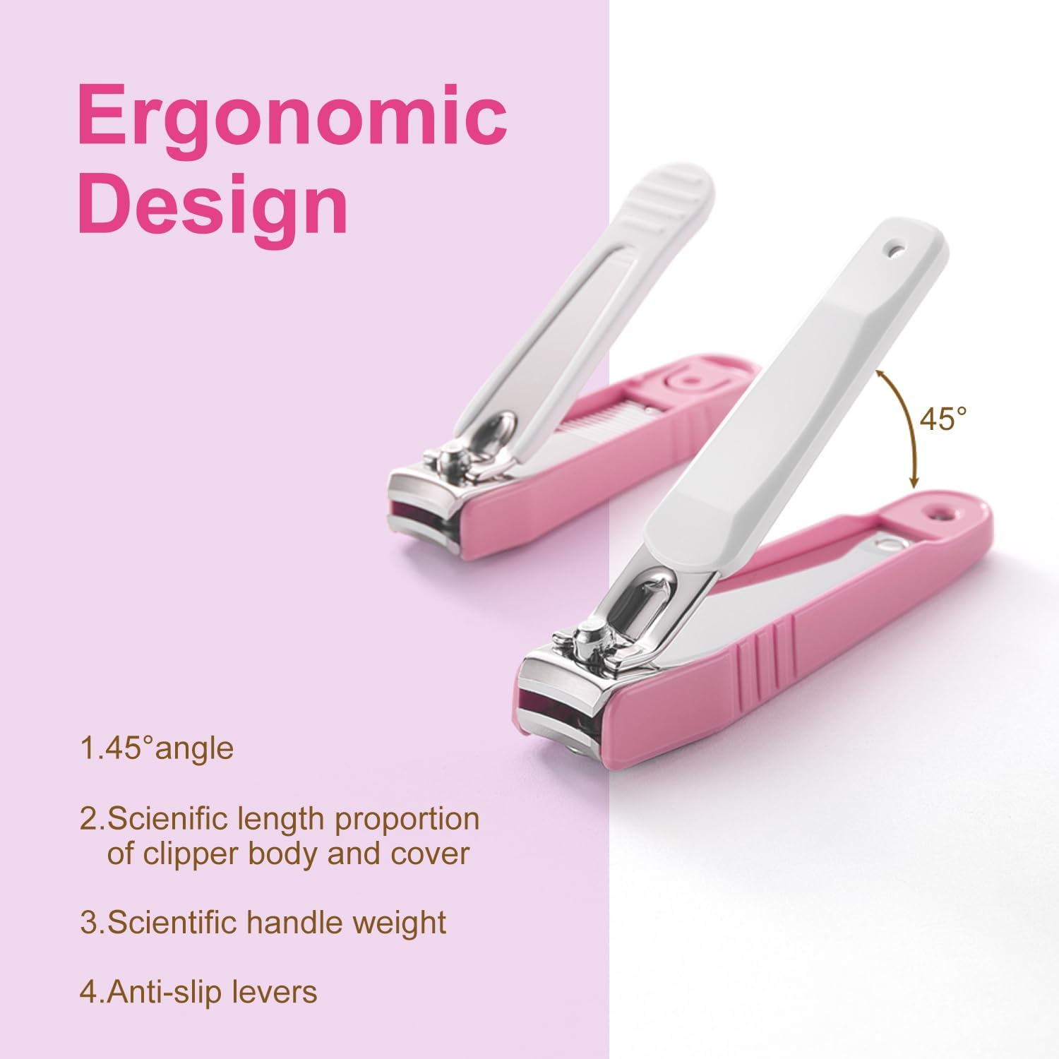 PAFASON Ultra Sharp Stainless Steel Nail Clipper Trimmer Cutter Set with Built-In Nail Catcher & Nail File 2 Pack Fingernail & Toenail Clippers for Men & Women - Pink image number 2