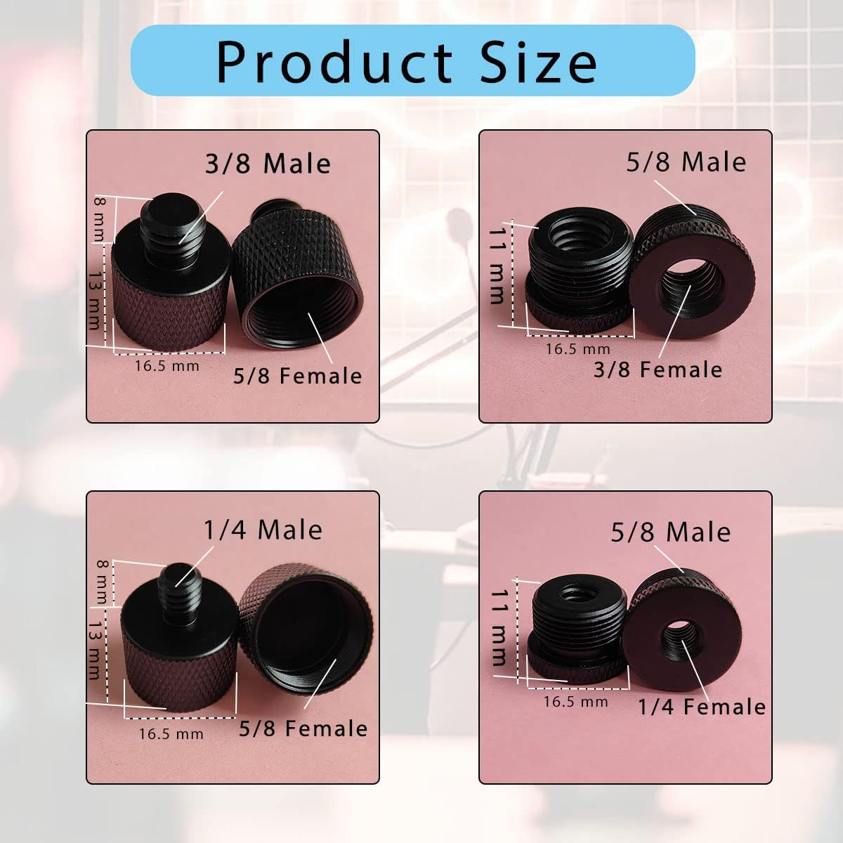 4 Pieces Mic Screw Adapter, 5/8 Female to 3/8 Male and 3/8 Female to 5/8 Male, 5/8 Female to 1/4 Male and 1/4 Female to 5/8 Male, Mic Thread Adapter, Microphone Adapter image number 1