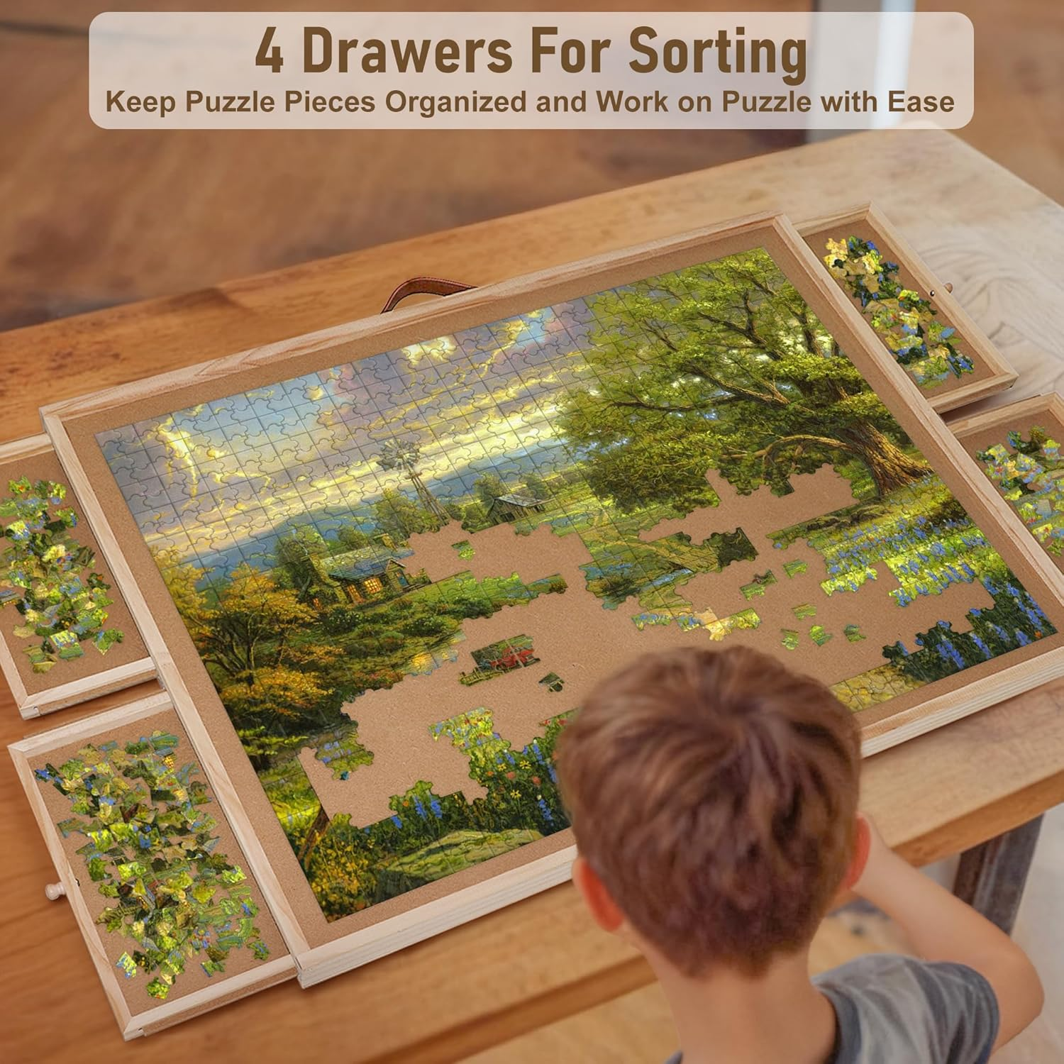 1500 Pieces Jigsaw Puzzle Board, 2-In-1 Tilting & Rotating Puzzle Table, 35"X27"Portable Wooden Jigsaw Table for Adults, Includes 4 Storage Drawers, Leather Handle, Non-Slip Surface, Protective Cover image number 2