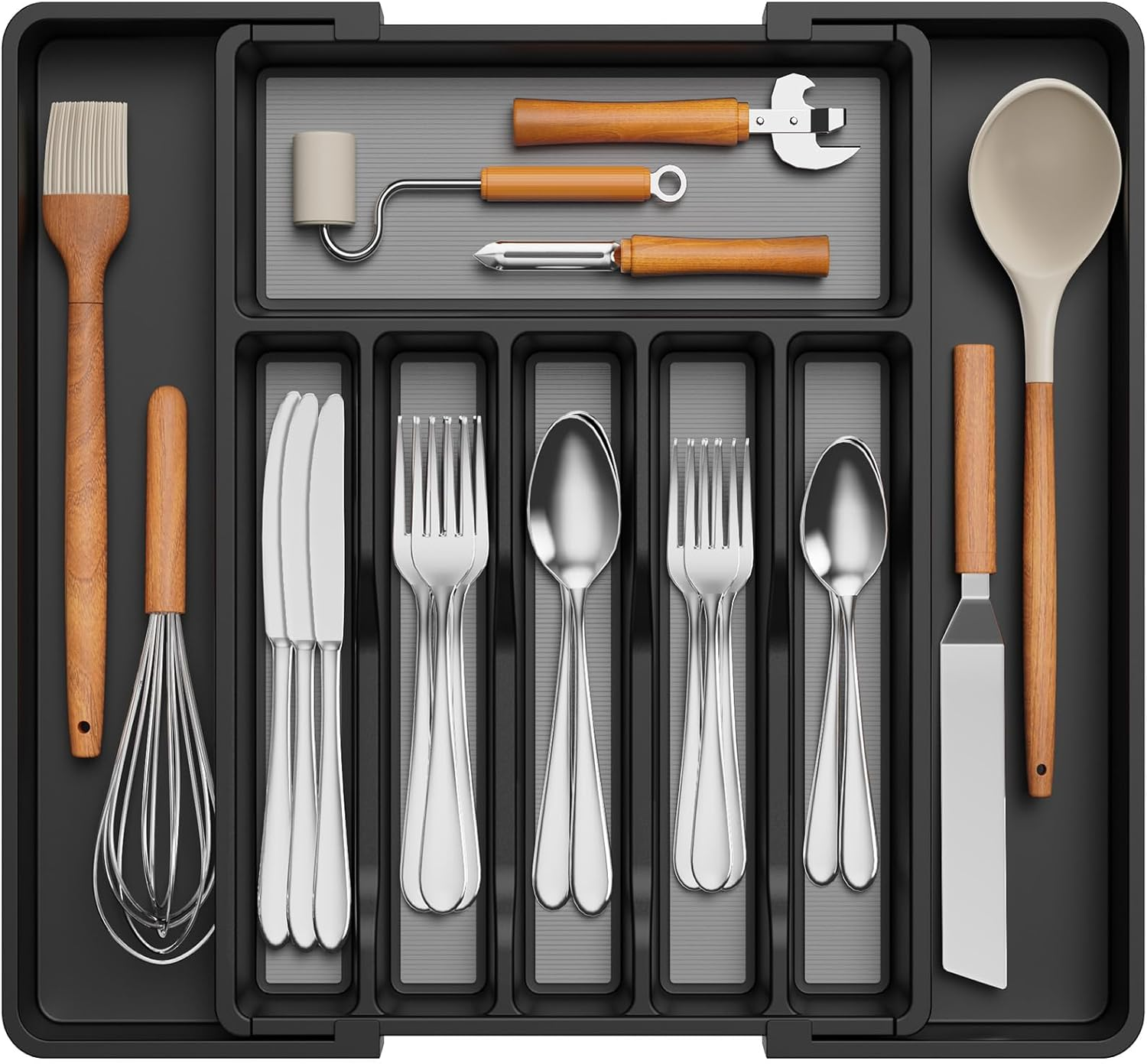 Lifewit Silverware Drawer Organizer, Expandable Utensil Tray with Non-Slip TPR, Deep Flatware Cutlery Holder, Adjustable Plastic Kitchen Storage for Spoons Forks Knives, Large, Black and Gray image number 4