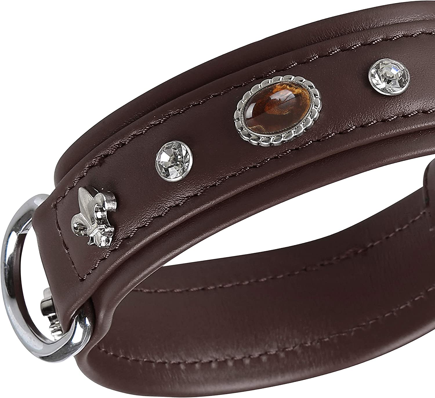MICHUR Mateo Leather Dog Collar Brown Leather with Lilies Rhinestones and Large Brown Stone Leather Collar for Dog image number 3