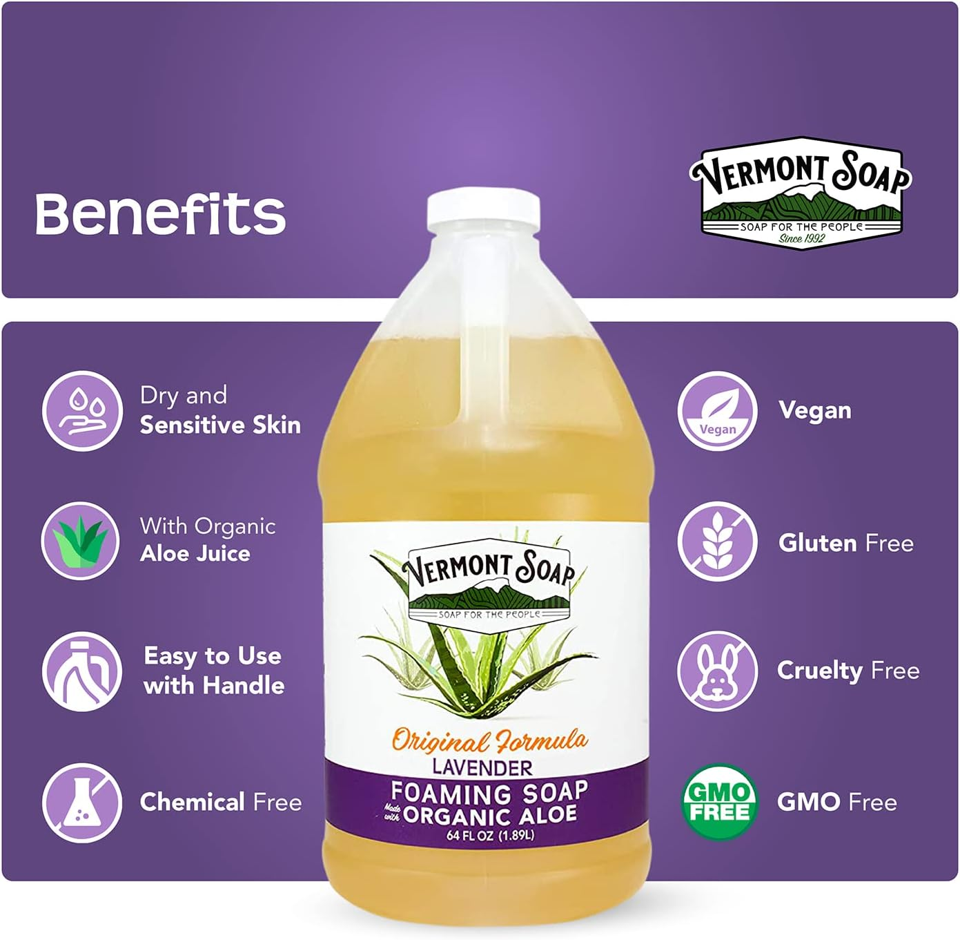 Vermont Soap Organic Lavender Foaming Hand Soap - Natural Moisturizing Soap for Dry Skin - Fragrance Free Liquid Bathroom Hand Soap Dispenser - Lavender- 64 Oz