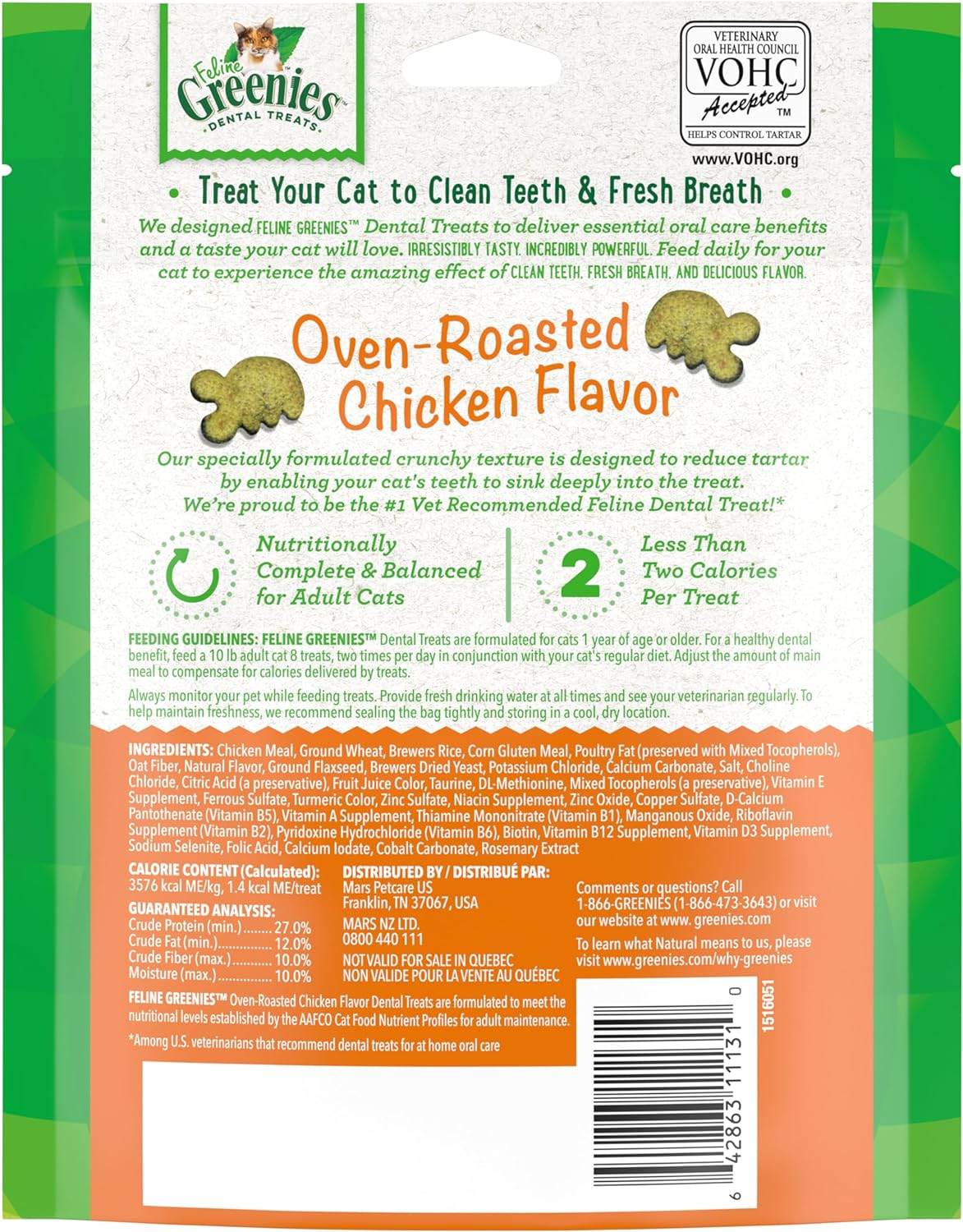 Greenies Oven-Roasted Chicken Flavor Dental Feline Cat Treats, 130 G