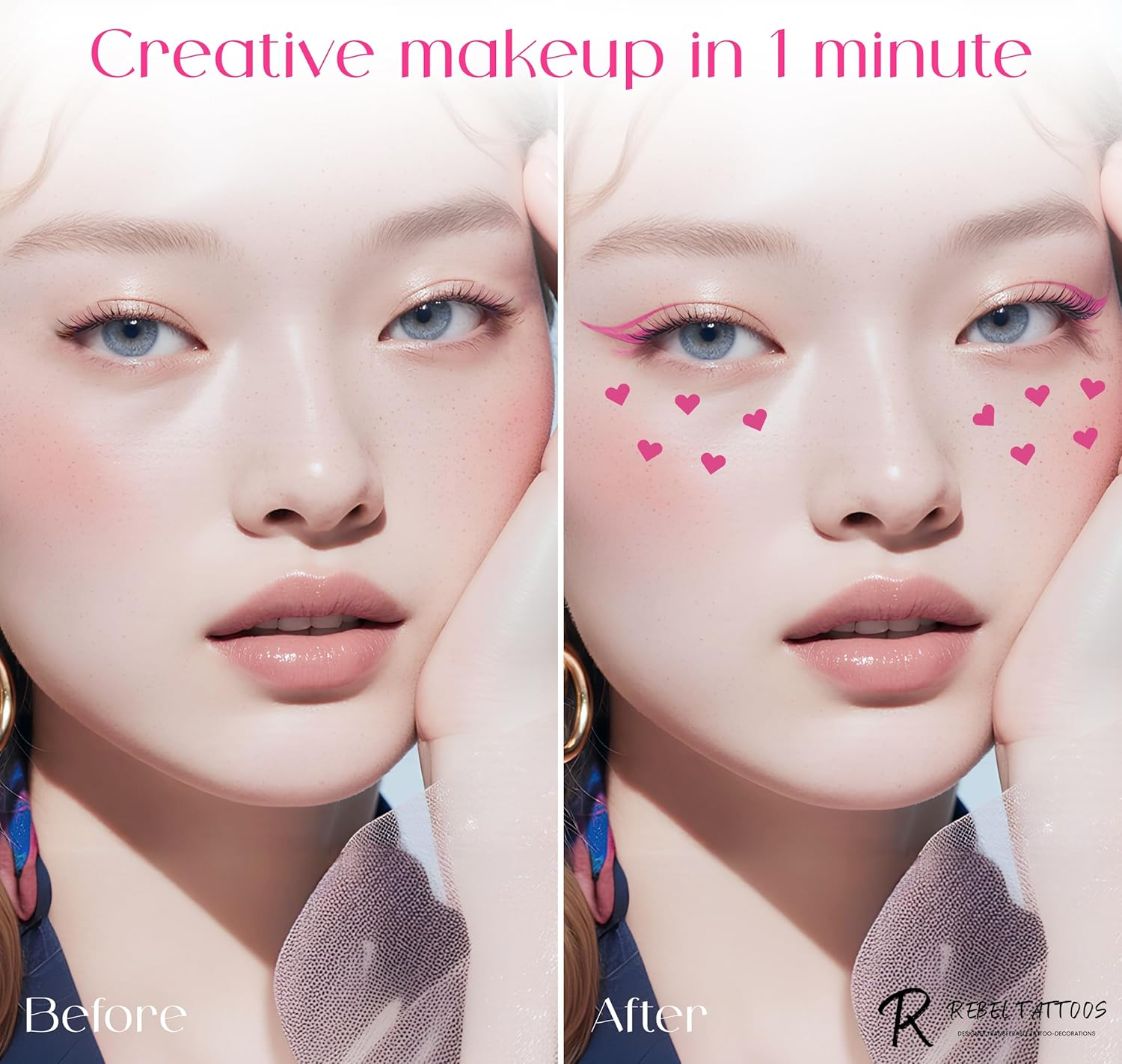 Rebel Tattoos 2-In-1 Eyeliner Stamp, Pigmented Intense Black Formula, Smudge-Budge Proof, Sweatproof, 24 Hour Stay Eyeliner Stamp Star Butterfly or Heart (Pink Heart) image number 3