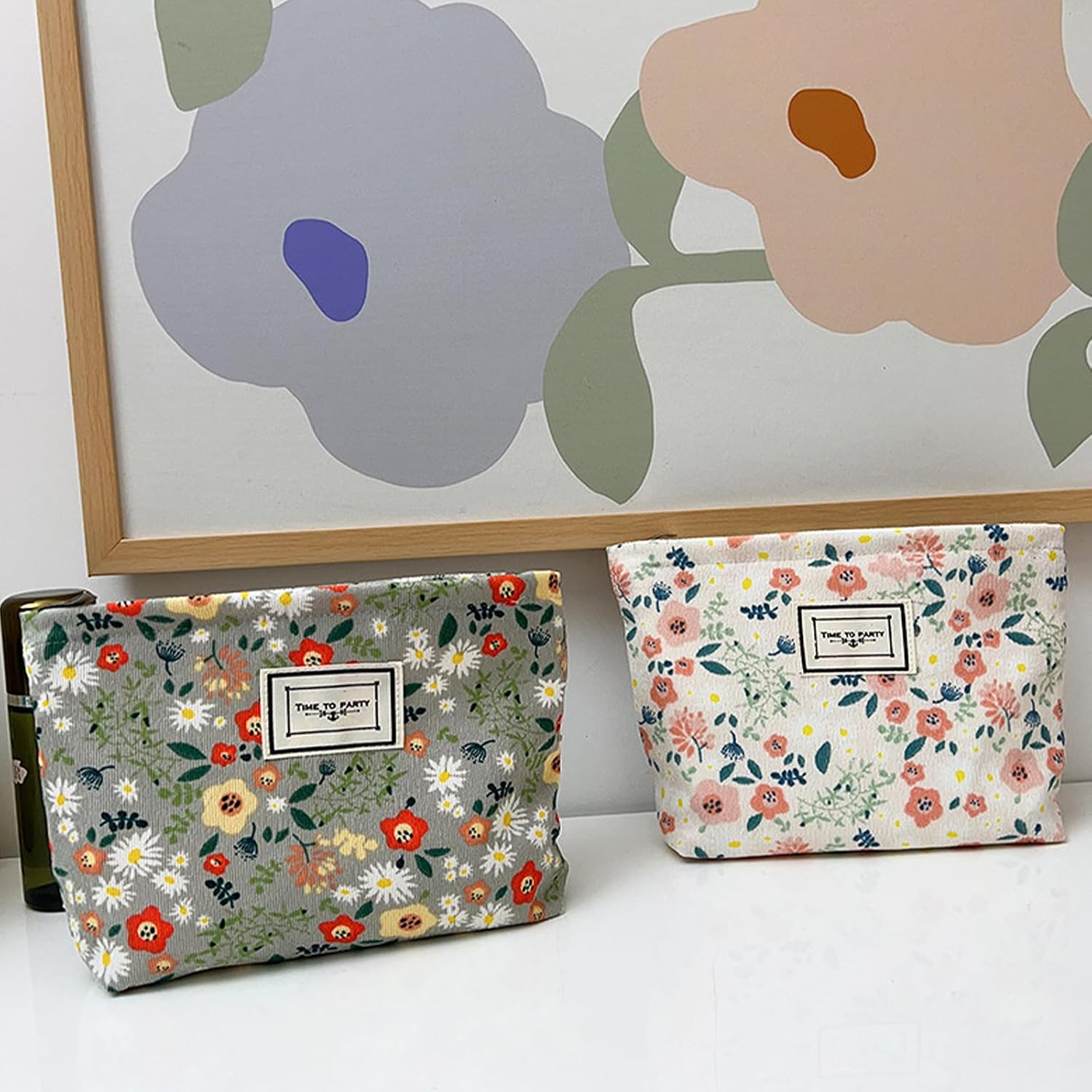 Gidary Floral Cosmetic Bag Makeup Bag Preppy Cute Corduroy Toiletry Bag for Women Travel Essentials（Green） image number 3