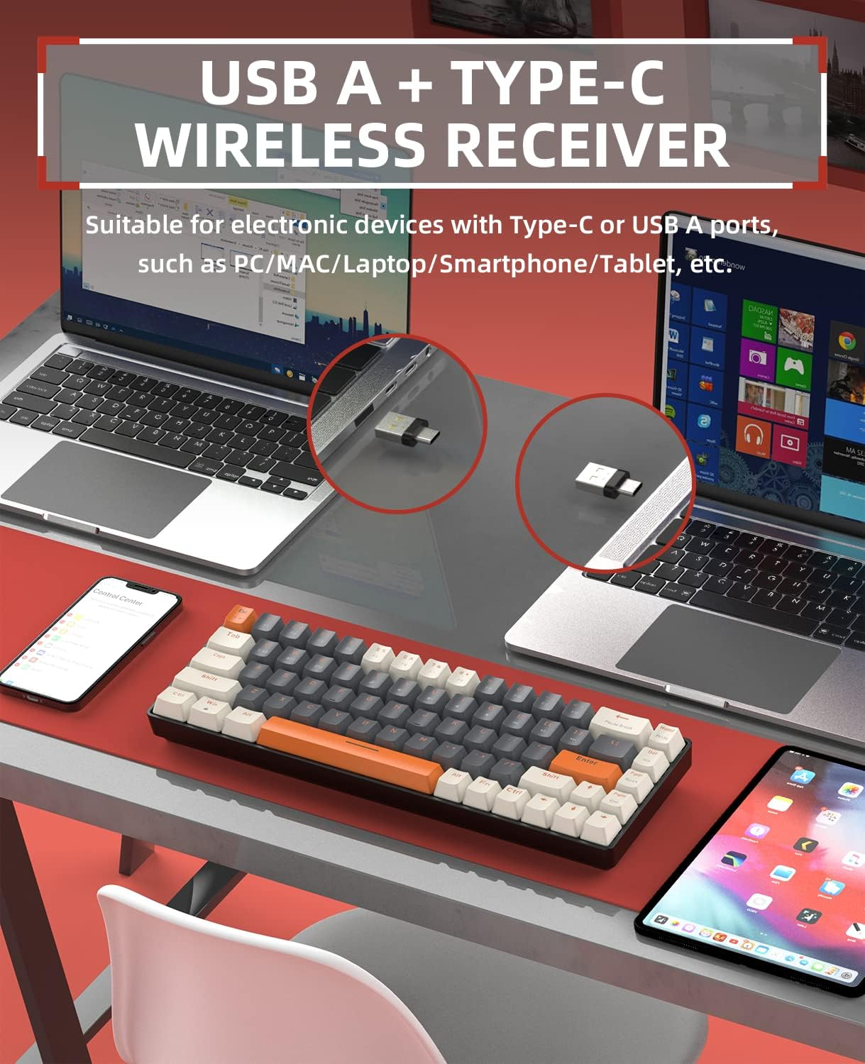 ZIYOU LANG RK68 60% Wireless Mechanical Keyboard, Bluetooth 5.0/2.4Ghz Dual Mode 2-In-1 USB-C Receiver Mini Mechanical Keyboard, Hot Swappable Red Switch Gaming Keyboard for Pc/Mac/Laptops image number 2