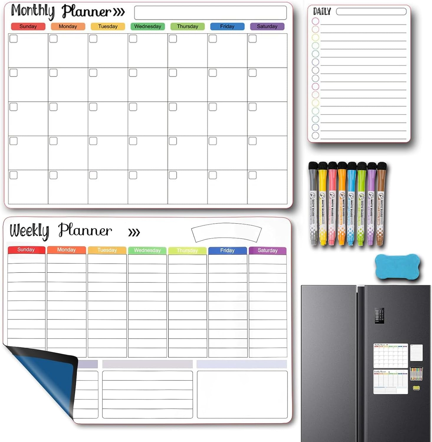 3Pcs Dry Erase Magnetic Calendar for Refrigerator, Monthly & Weekly & Daily Planner Board,With 8 Markers and Eraser for Fridge Wall Door - Shopping, Meal/Menu, to Do List, Family Schedule Plan Board image number 1