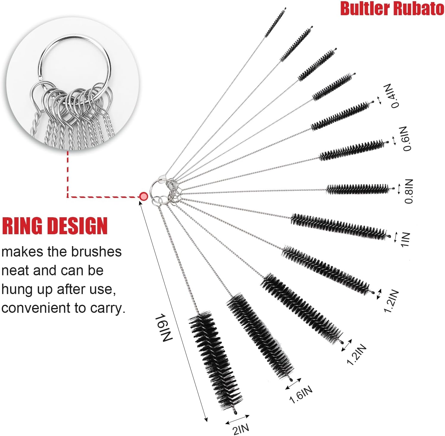 Bultler Rubato Bottle Cleaner Brush Set, 12 Pcs Straw Cleaning Brush, Nylon Tube Brush, Long Cleaning Brush Kit for Small Pipe Bottle, Tumbler, Drinking Glasses, Water Cup, Tea Pot Spout(White)