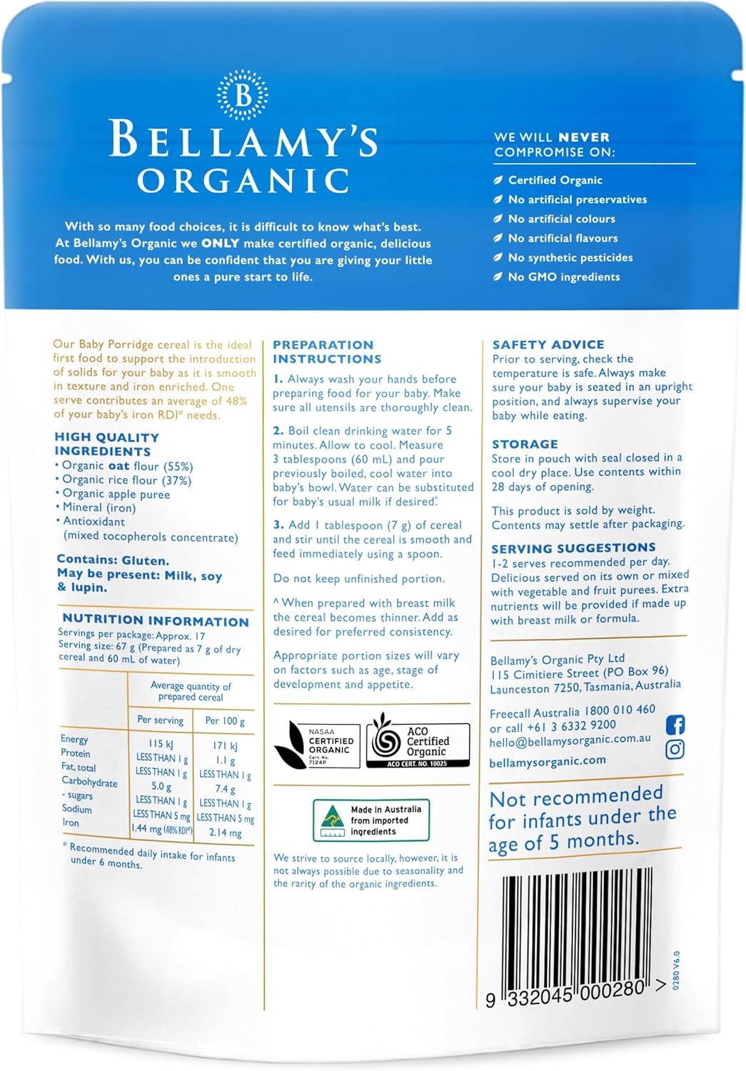 Bellamy'S Organic Baby Porridge 125G, Baby Food, 5M+, Bulk (6 X 125G) image number 1