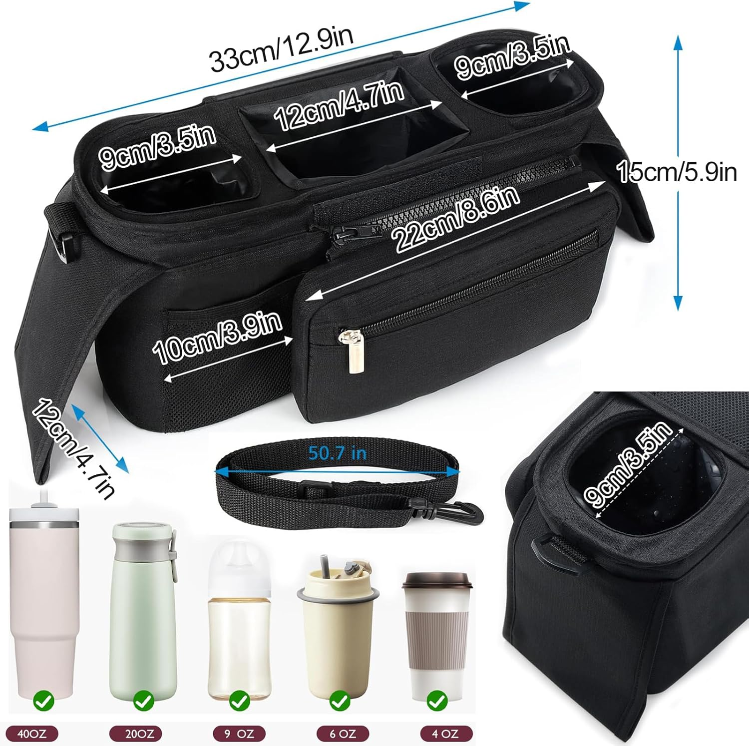 Universal Stroller Organizer with Insulated Cup Holders Detachable Phone Bag & Shoulder Strap, Stroller Accessories Fits for Britax, Uppababy, Baby Jogger, Bugaboo, BOB Stroller (Black) image number 2