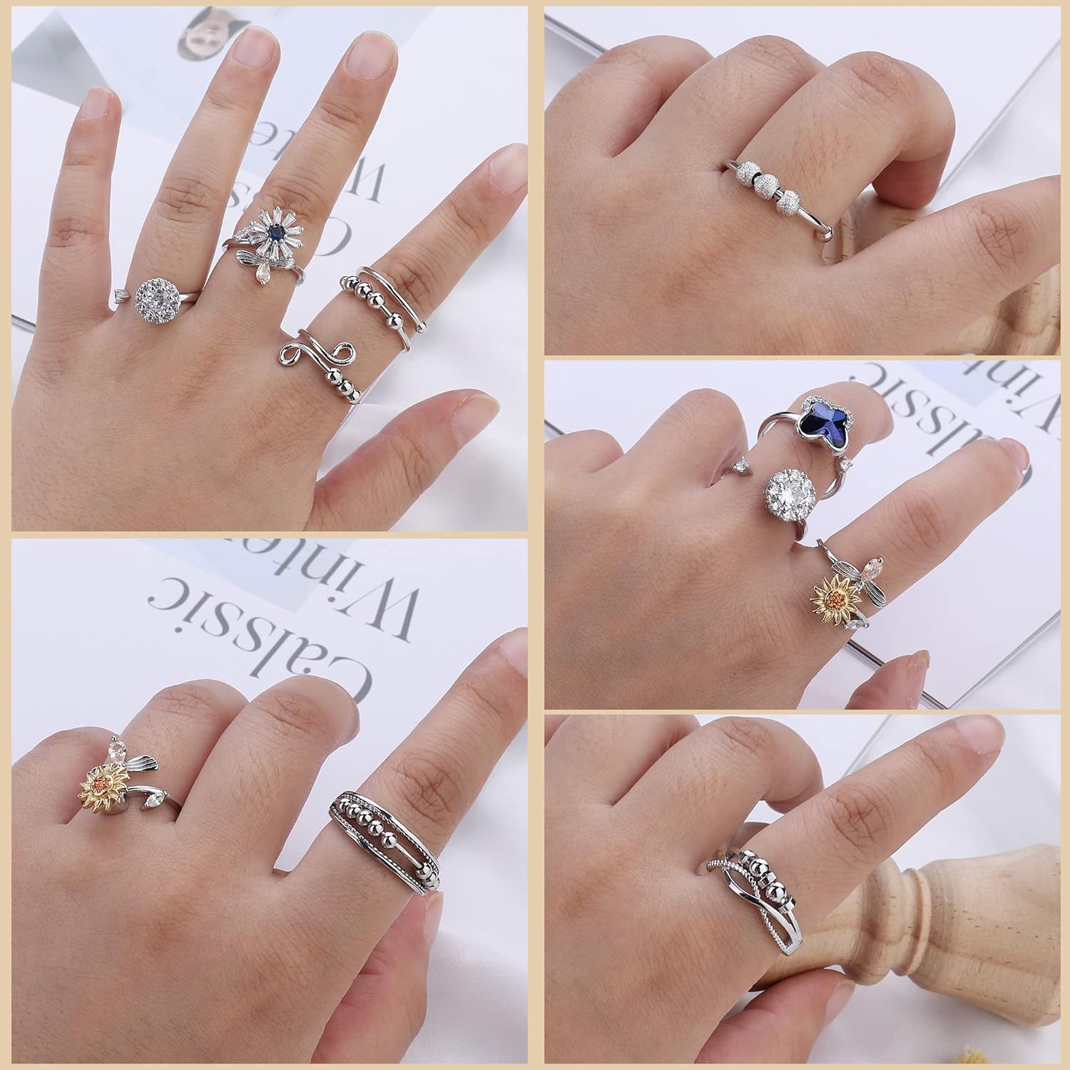 Kakonia 9Pcs Fidget Anxiety Rings for Women Spinner Fidget Rings for Anxiety Adjustable Cubic Zirconia Flower Butterfly Sunflower Bead Stress Relief Spinning Stackable Ring Set with Box image number 4