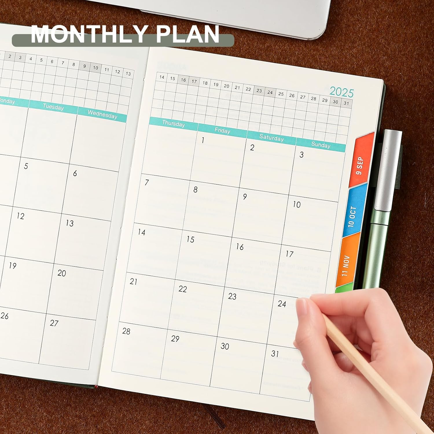 2025-2026 Diary A5 Page a Day,Diary 2025-2026 from Aug to Aug,13Months Planner 2025-2026,Hardcover Daily Planner with Colorful Monthly Tabs,Pen,Pen Loop, Inner Pocket, Bookmarks (Green) image number 4