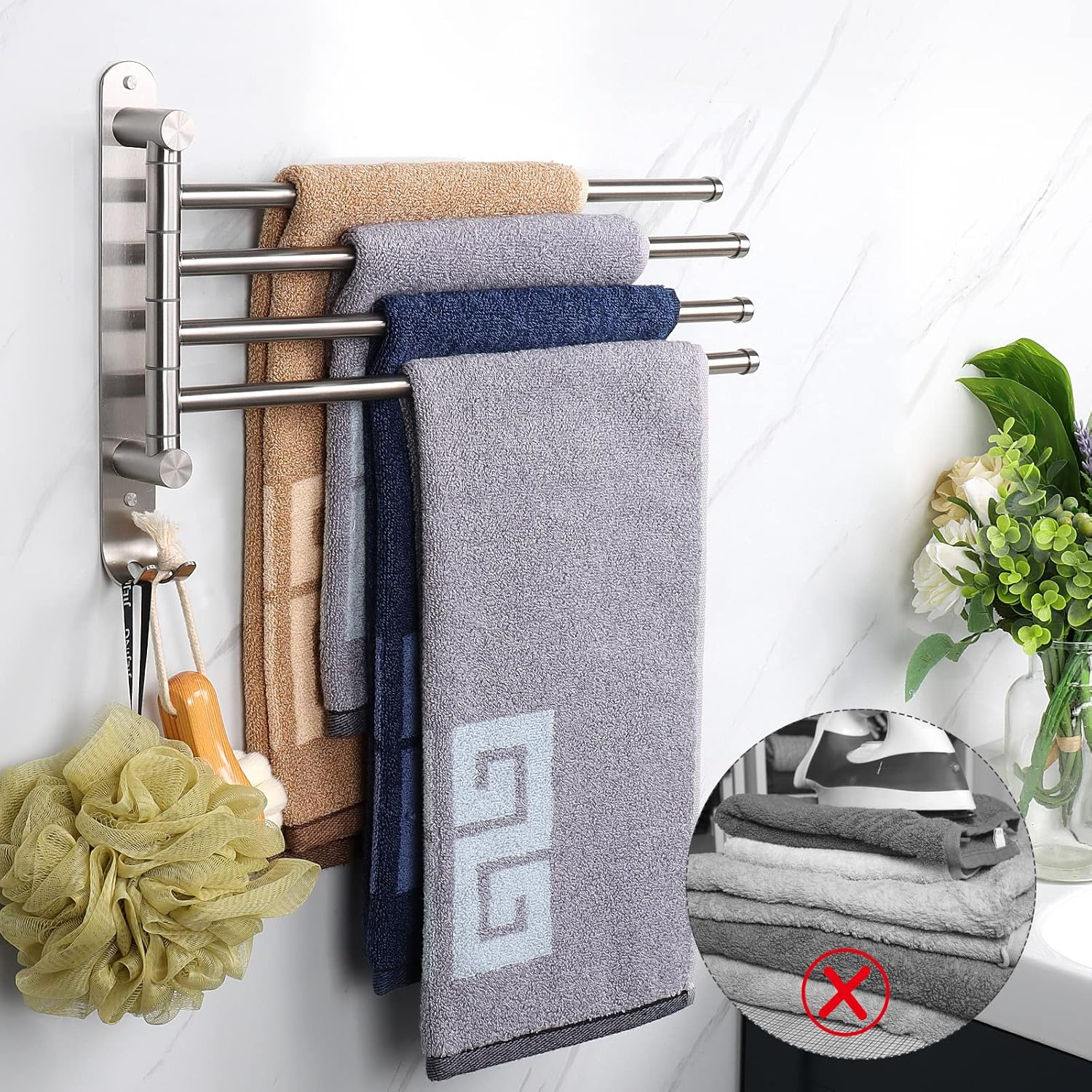 Nearmoon Swivel Towel Rack, Thicken SUS304 Stainless Steel 4-Arm Towel Bar, Space Saving Wall Mounted Towel Holder with Hook, Rustproof Swing Out Towel Hanger for Bathroom, Kitchen (Brushed Nickel) image number 3