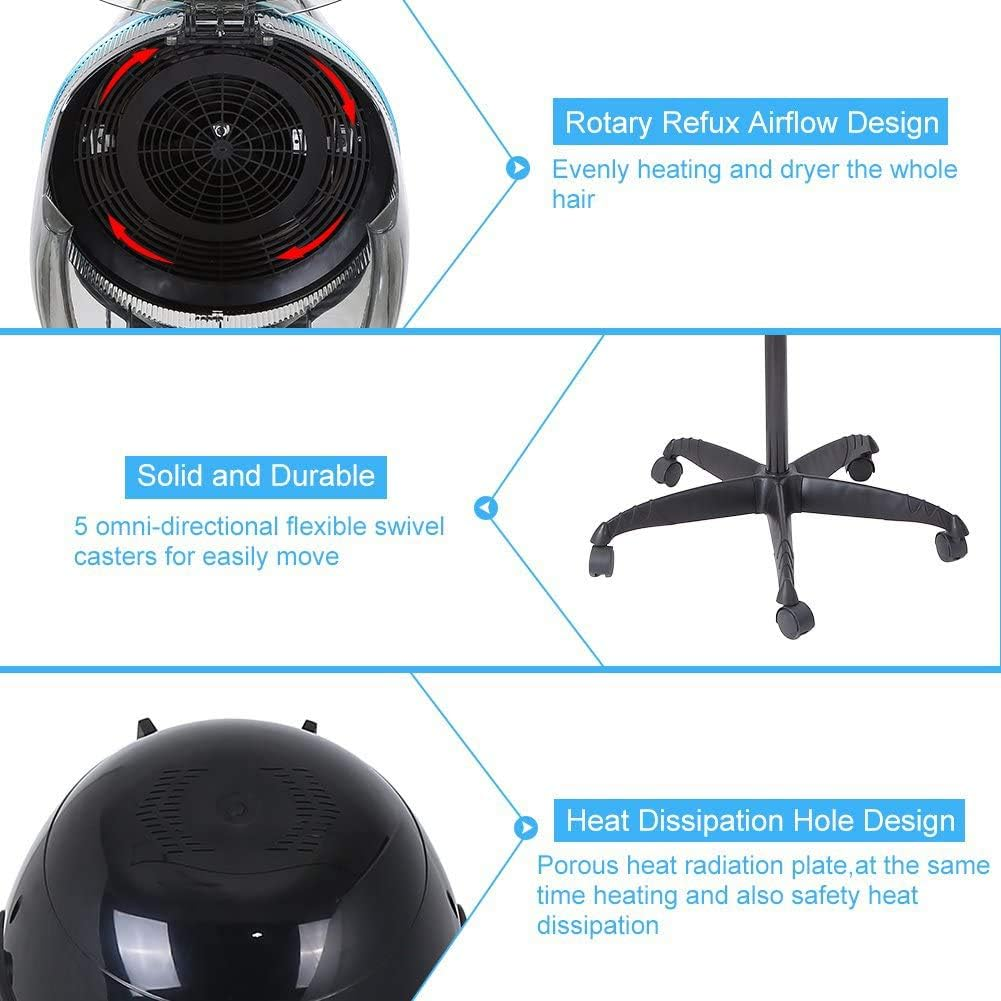 Stand Hair Dryer, 1050W Professional Adjustable Hooded Floor Hair Bonnet Dryer with 5 Omni-Directional Wheels Stable Base for Beauty Salon or Home Use image number 5