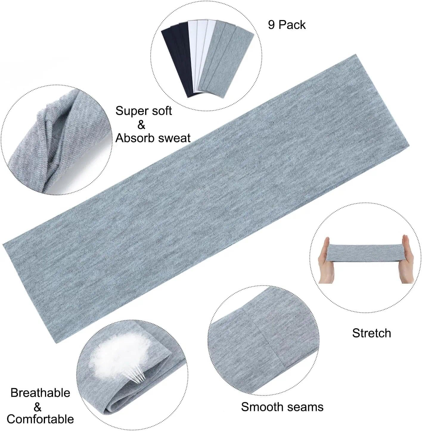 Non-Slip Sweat Absorbing Headband for Women, 9-Pack Wide Cotton Polyester Headbands 8.7X2.4 Inches (22.1X6.1 Cm) for Sports Gym Running Yoga and Makeup(Black,White,Grey) Ermaoo - Colorful image number 7