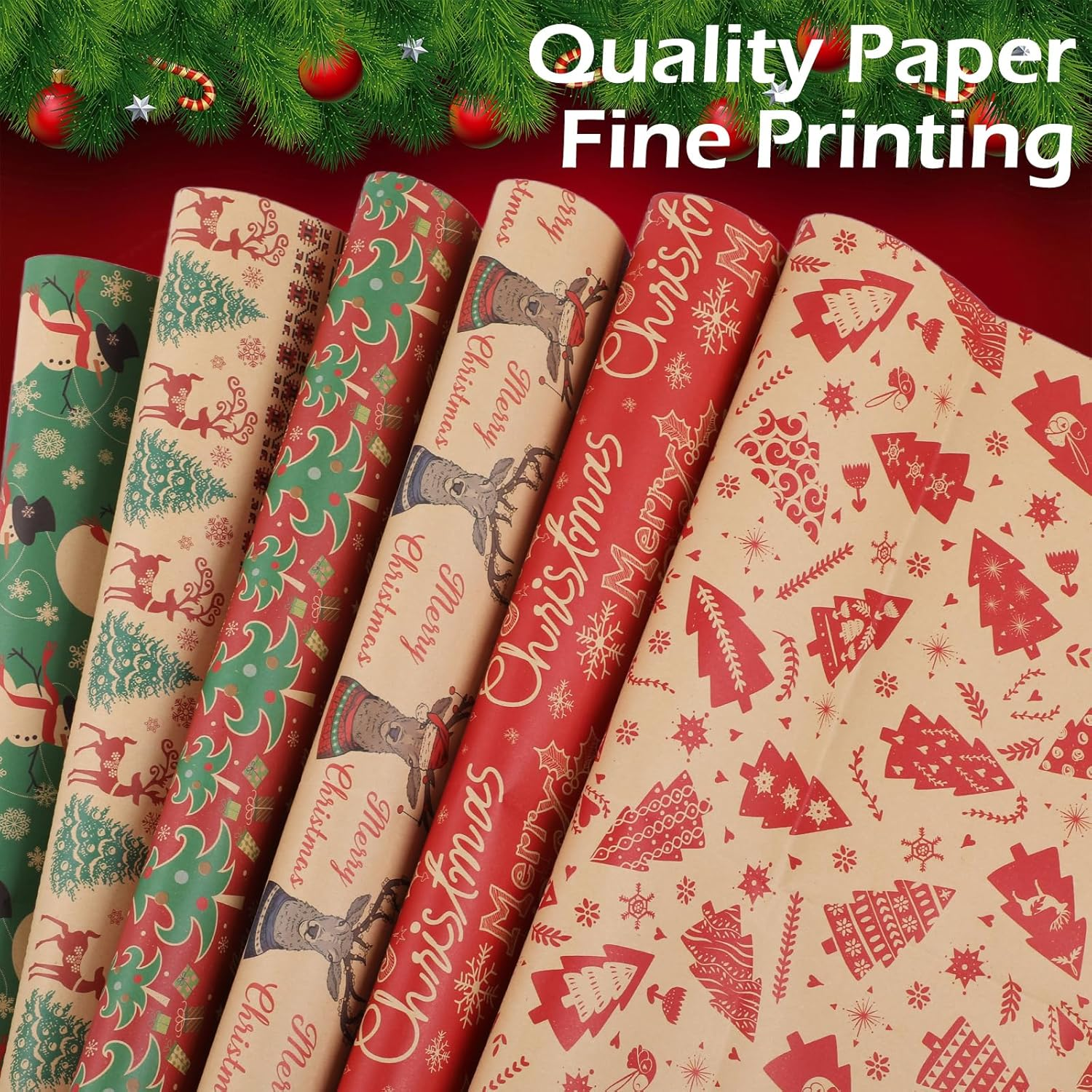 Wrapping Paper 50 * 70CM Xmas,Geeric 6PCS Wrapping Kraft Paper+Tape+9Tag+10Pull Bow+Renewable Santa Claus Snowflakes Vintage DIY Package Gift Box Decoration Paper for Christmas New Year Party