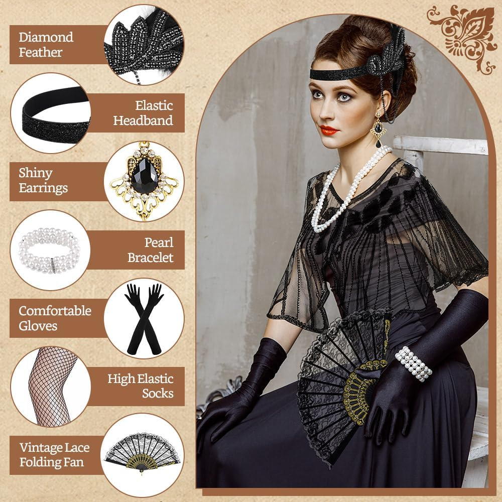 WOTOW 1920S Great Gatsby Accessories for Women - 9PCS Roaring 20S Gatsby Costume Set with Shawl Flapper Headband Necklace Extendable Plastic Holder Gloves Earrings Stockings for Party Halloween image number 3