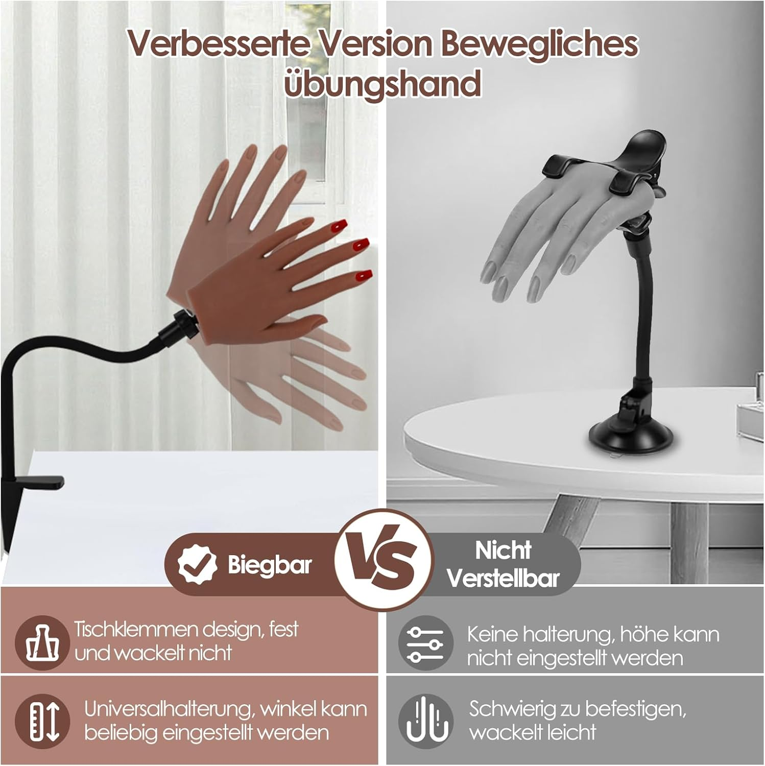 Practice Hand for Nail Design, Silicone Hand with Nail Tips, Flexible Movable Exercise Hand with Adjustable Holder, Practice Finger for Nail Design, Professional Practice Hand for Gel Nails (Brown)