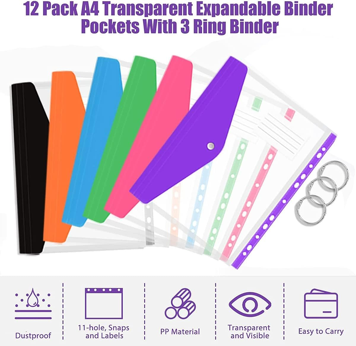 Veumoie 12 Pcs A4 Binder Pocket Expandable Envelopes Clear Plastic Envelopes for Ring Binder Folder, Snap Button
