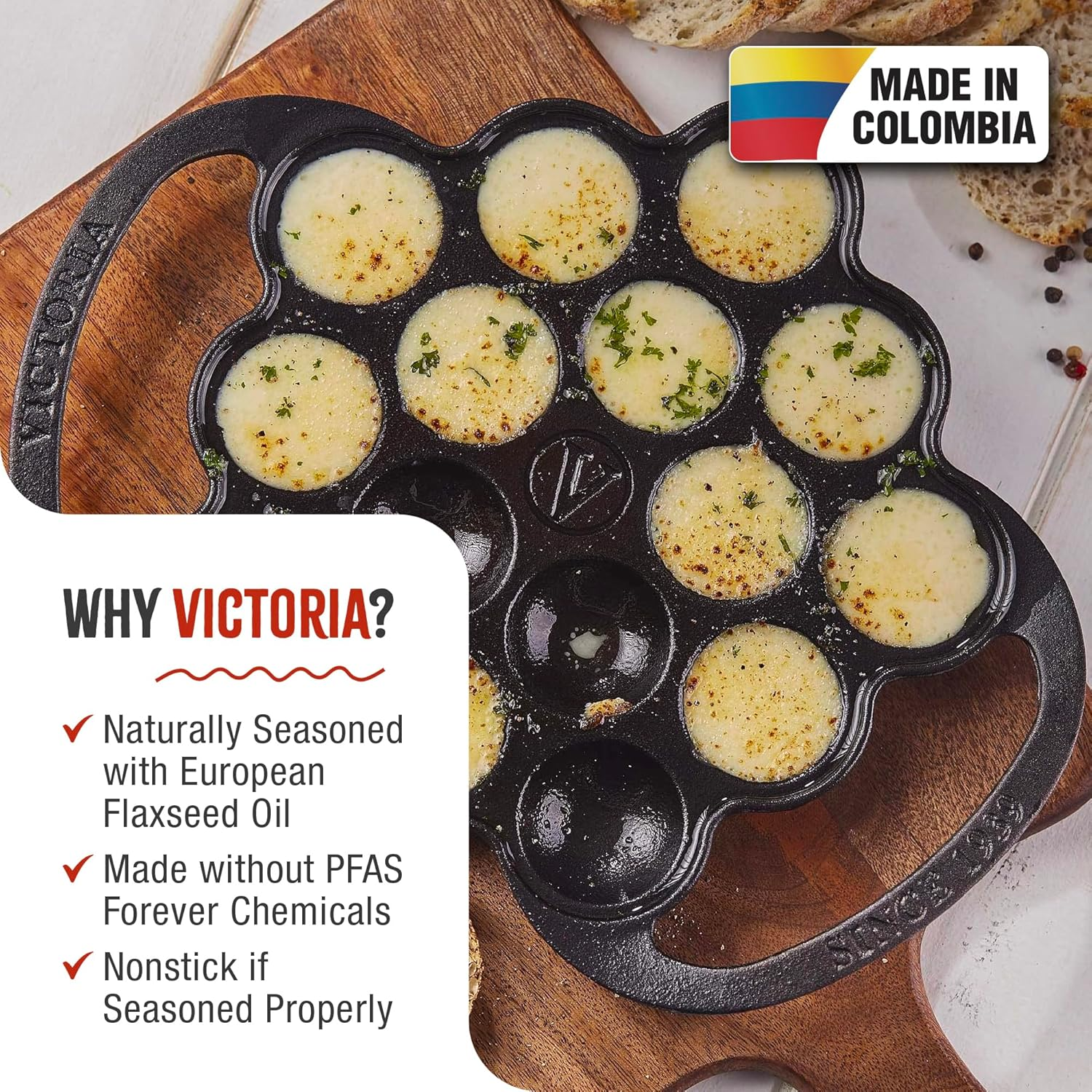 Victoria Cast-Iron Poffertjes Dutch Pancake Pan with Loop Handles, Preseasoned with Flaxseed Oil, Made in Colombia