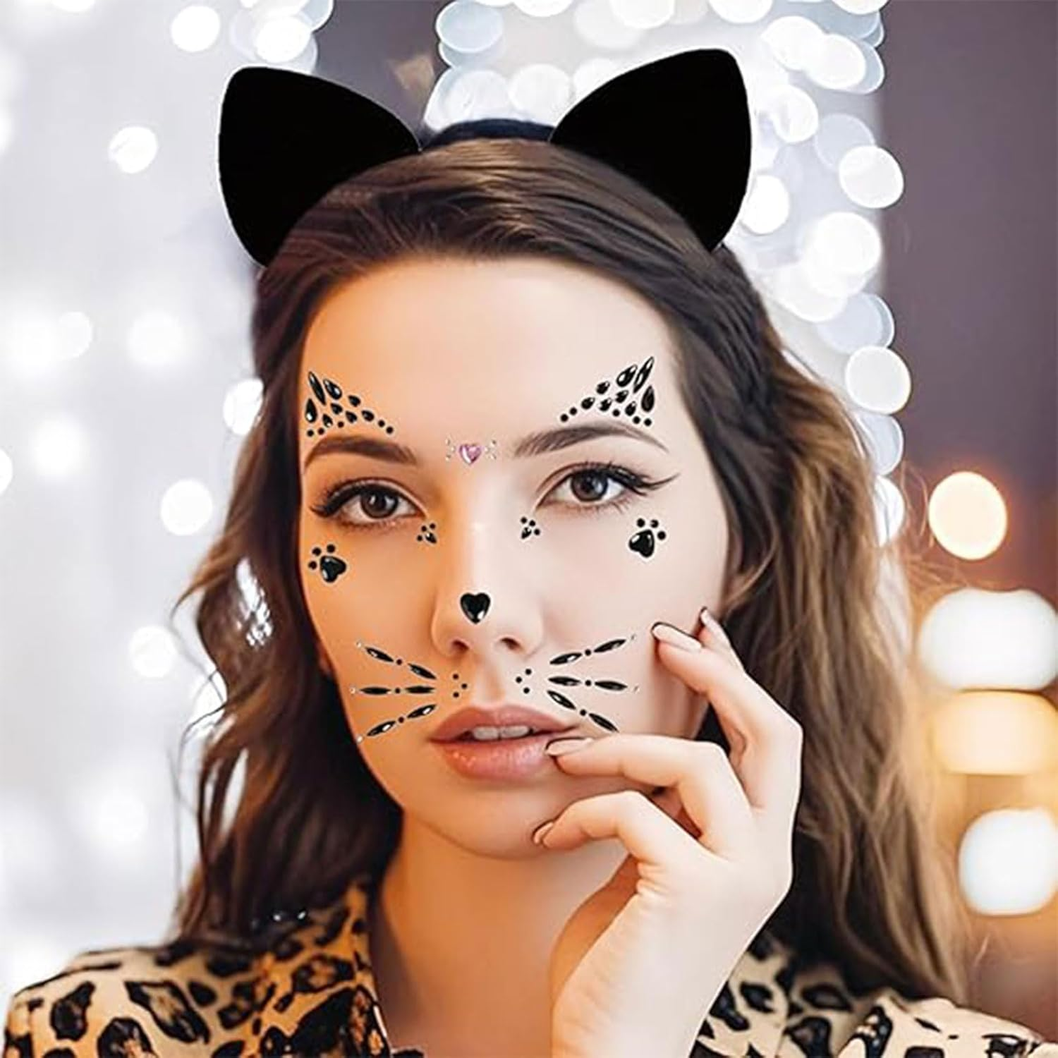 Muorruo 3-Piece Cat Ears Headband Set with Face Jewels, Costume Accessories for Adults, Makeup, Cosplay, Party Accessories image number 5
