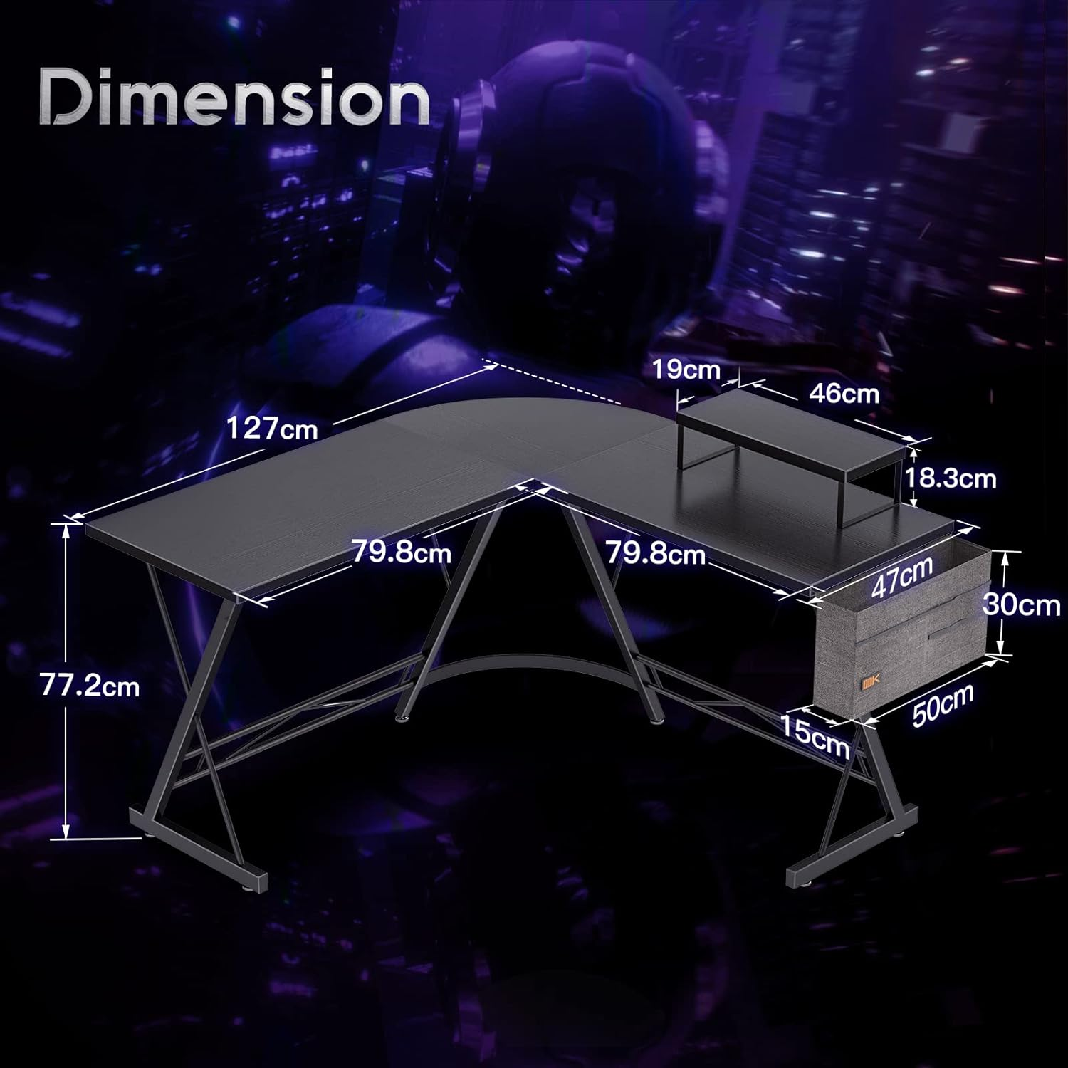 ODK Gaming Desk 127X127X77Cm, L Shaped Desk with Monitor Stand&Storage Bag, Metal Legs, Corner Gaming Table with Headphone Hook for Home Office Bedroom Study, Black image number 6