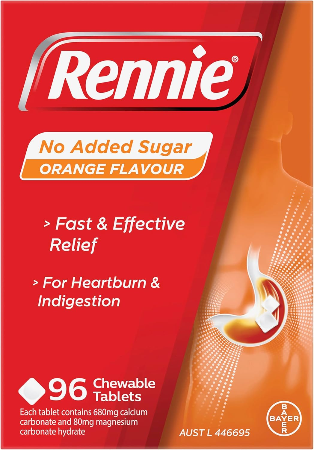 Rennie NAS Orange Flavoured Chewable Tablet for Heartburn and Indigestion Treatment 96 Tablets image number 1