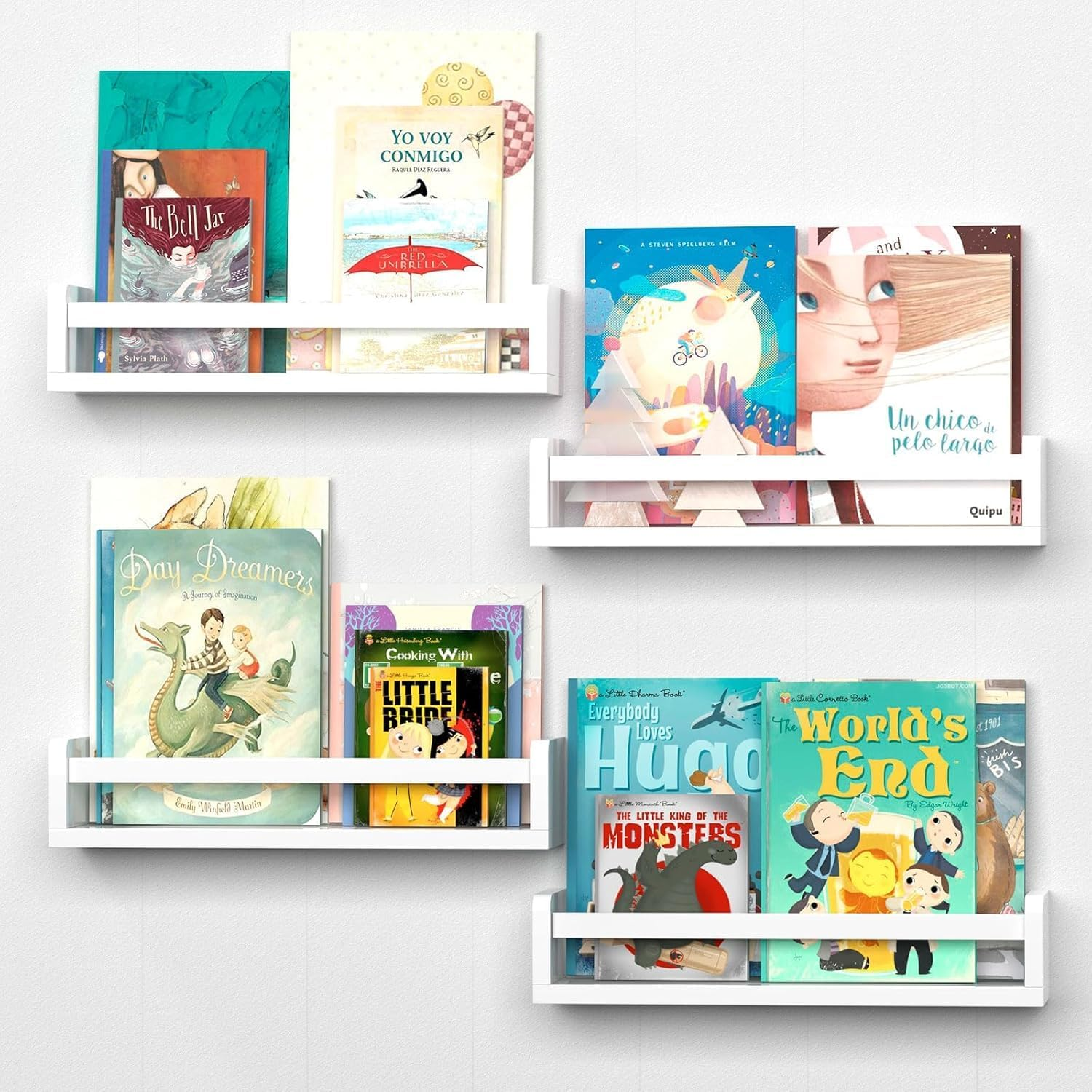 Wall Bookshelf for Bedroom Set of 4, White Floating Book Shelves for Wall, Wood Book Shelf Wall Mounted, Wall Mount Bookshelves and Toy Storage image number 2