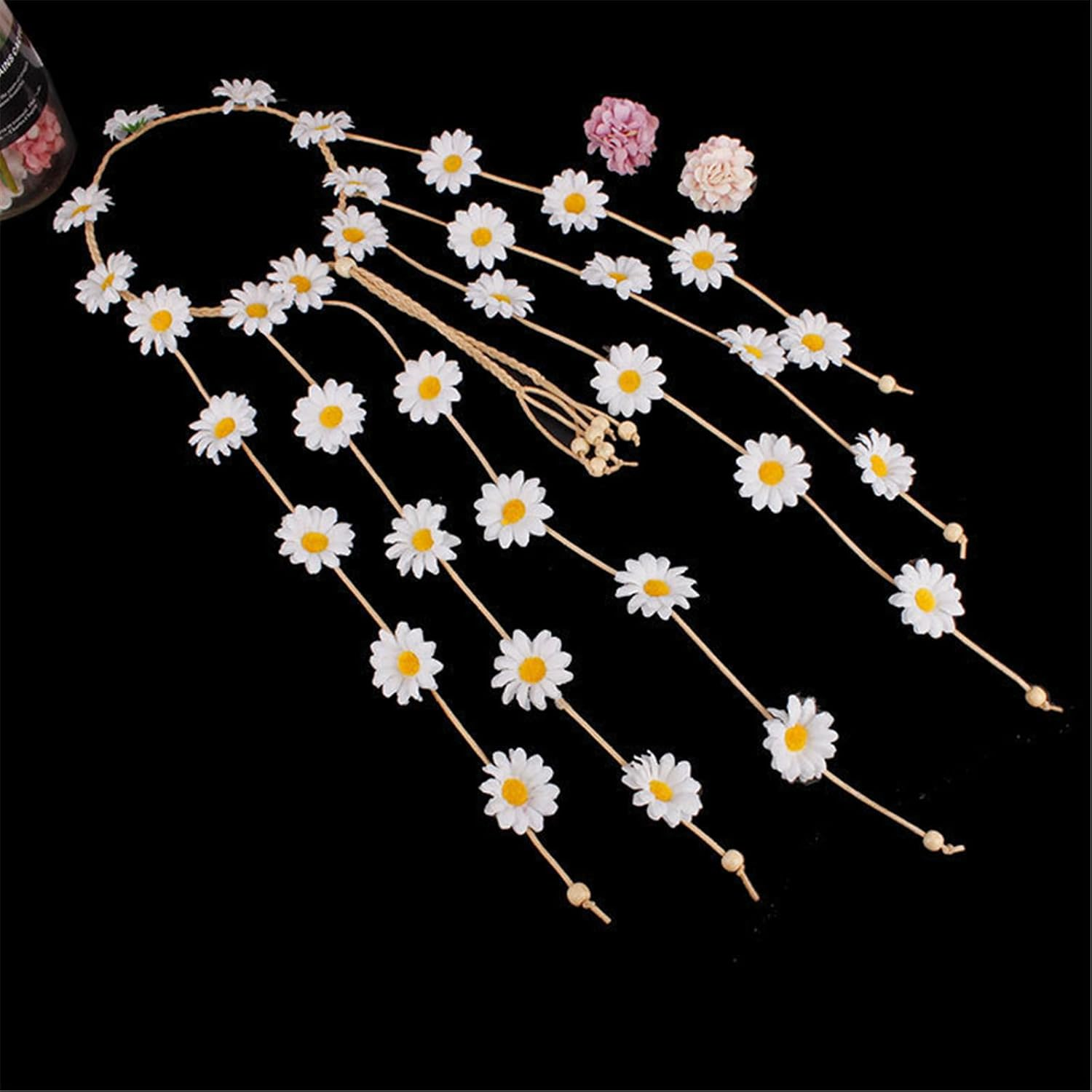 LERTREE Boho Daisy Headpiece Sunflower Tassel Headbands Women Fairy Crown Floral Headdress Hippie Festival Party Headwear (White, L) image number 5