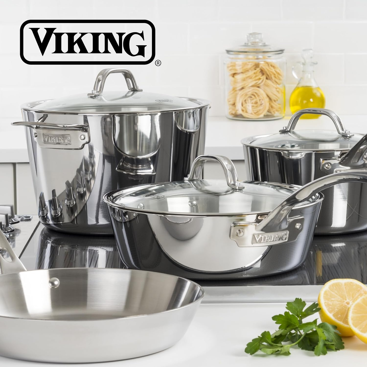 Viking Culinary Contemporary 3-Ply Stainless Steel Cookware Set, 7 Piece, Includes Glass Lids, Pots & Pans, Dishwasher, Oven Safe, Works on All Cooktops Including Induction image number 5