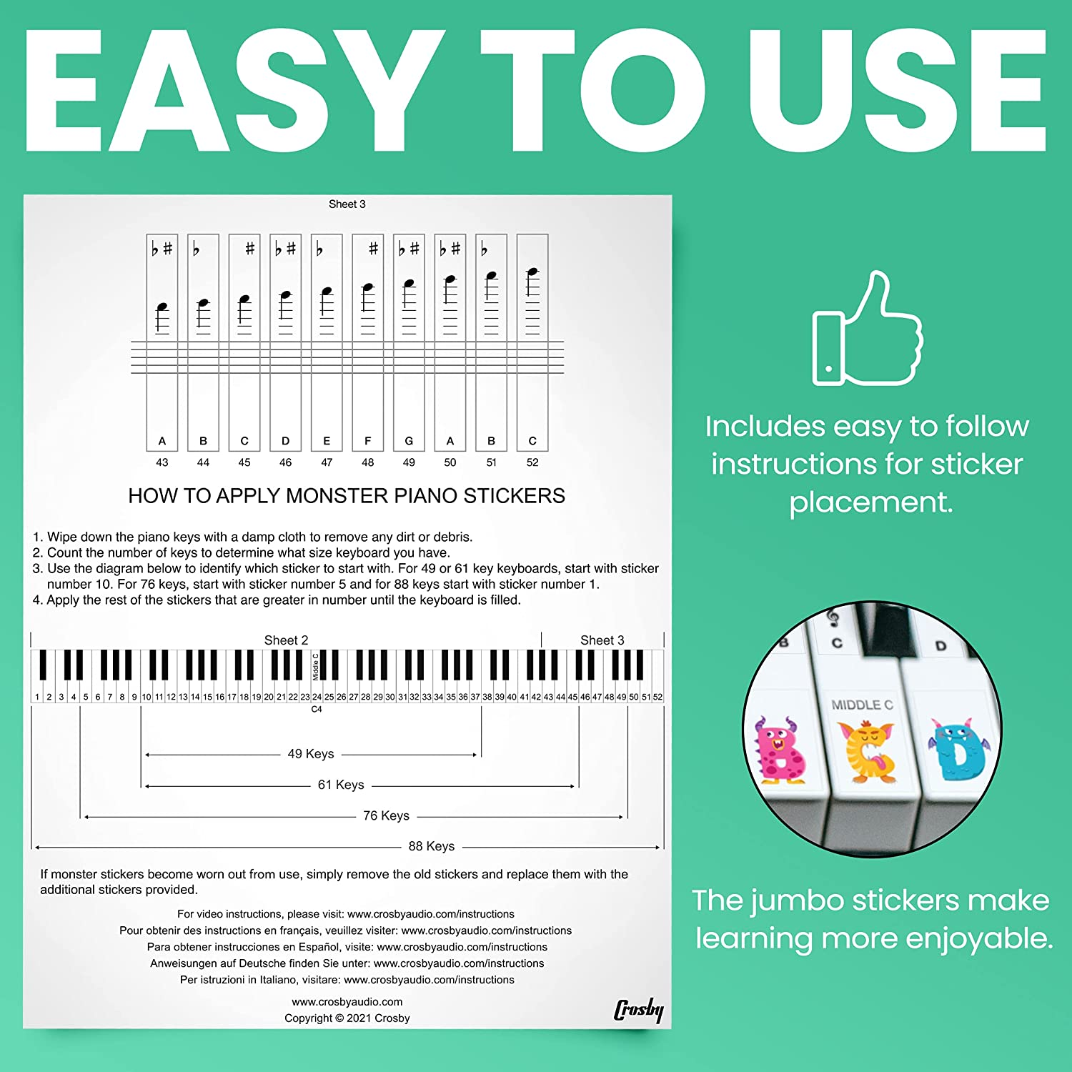 Crosby Monster Piano Stickers for Learning Piano or Keyboard - Transparent 88, 76, 61 & 49 Removable Key Set for Kids image number 3