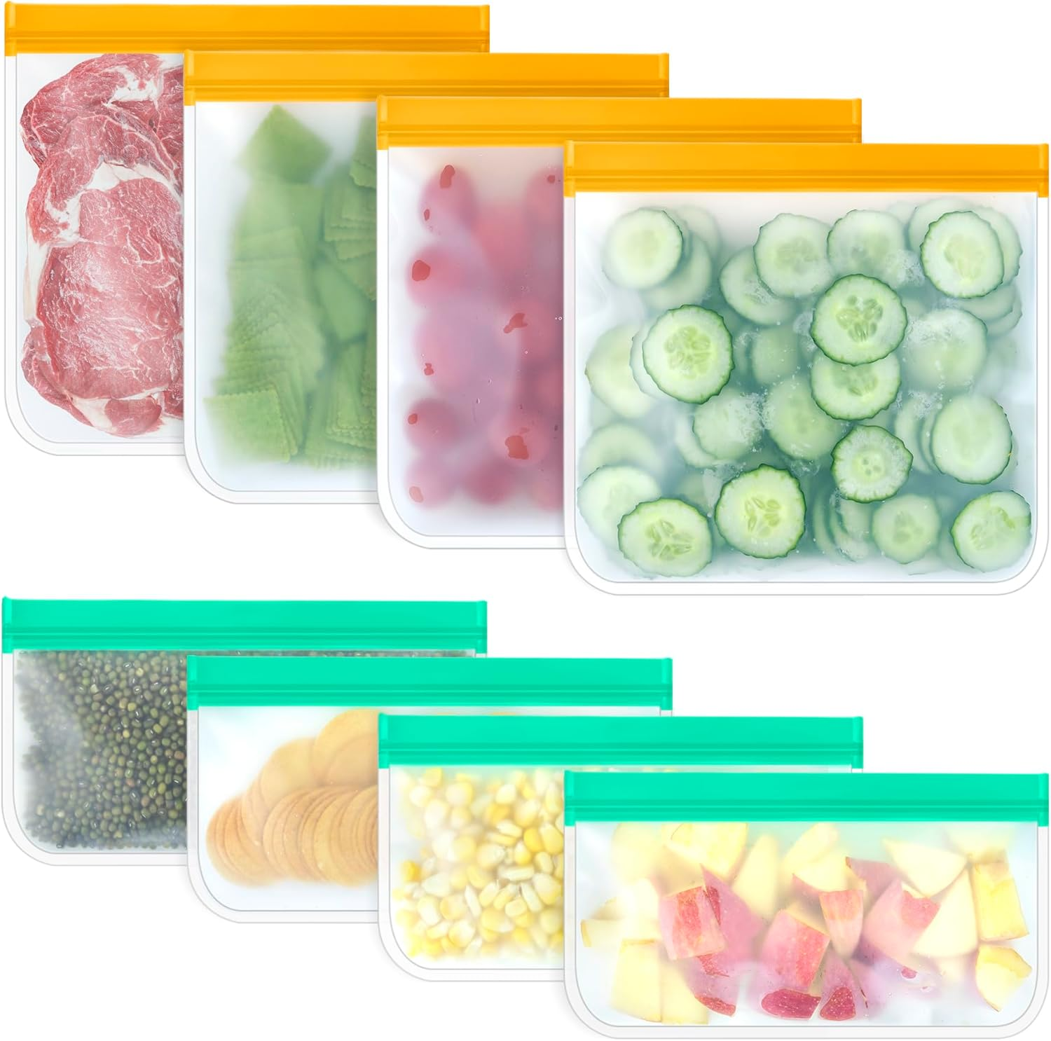 TROUSKAIG Silicone Storage Freezer Bags, 4 Reusable Sandwich Bags + 4 Reusable Snack Bags, Leakproof Food Storage Containers for Picnic, Work, Home Use image number 1