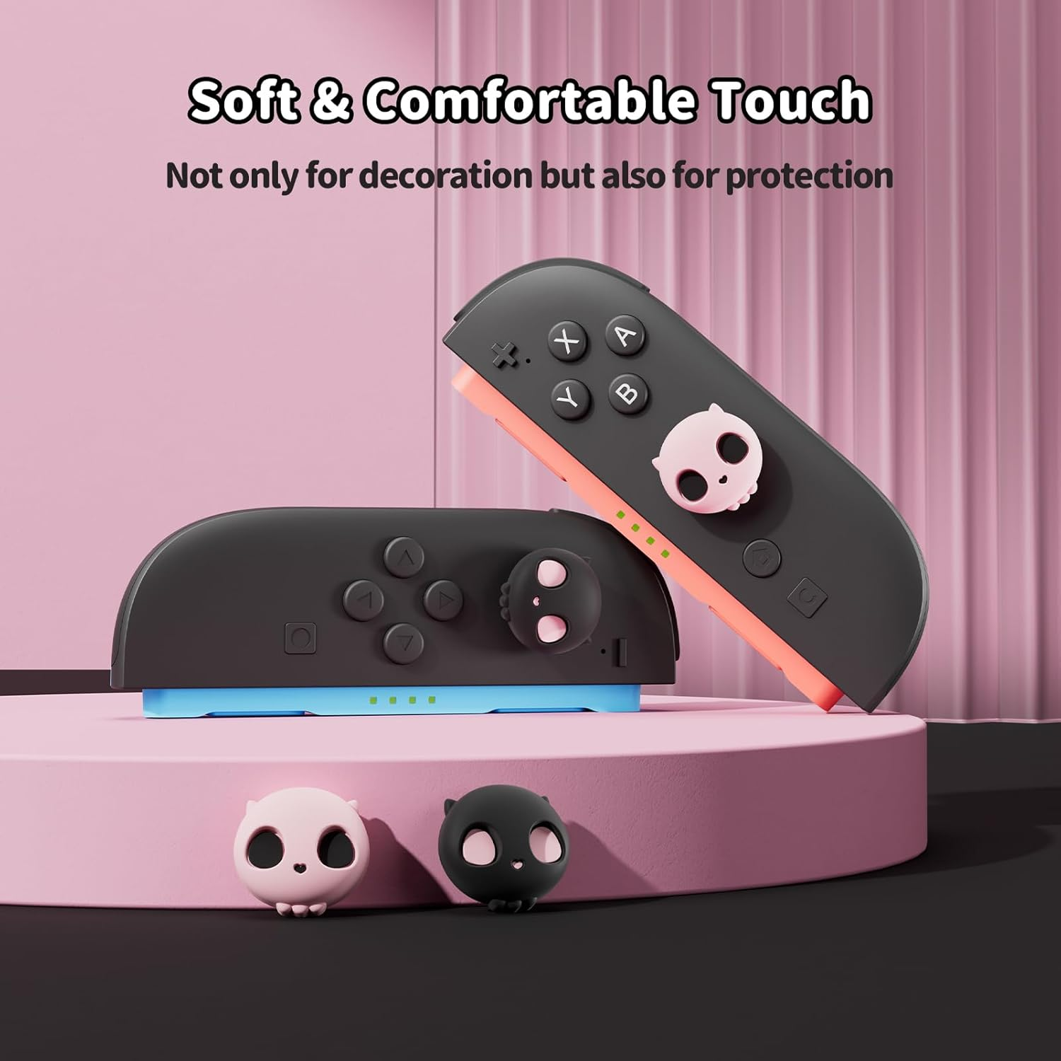 Geekshare Skull Joystick Caps Compatible with Nintendo Switch 2, Anti-Slip Silicone Thumb Grip Caps for Switch 2025, Black & Pink, 4PCS